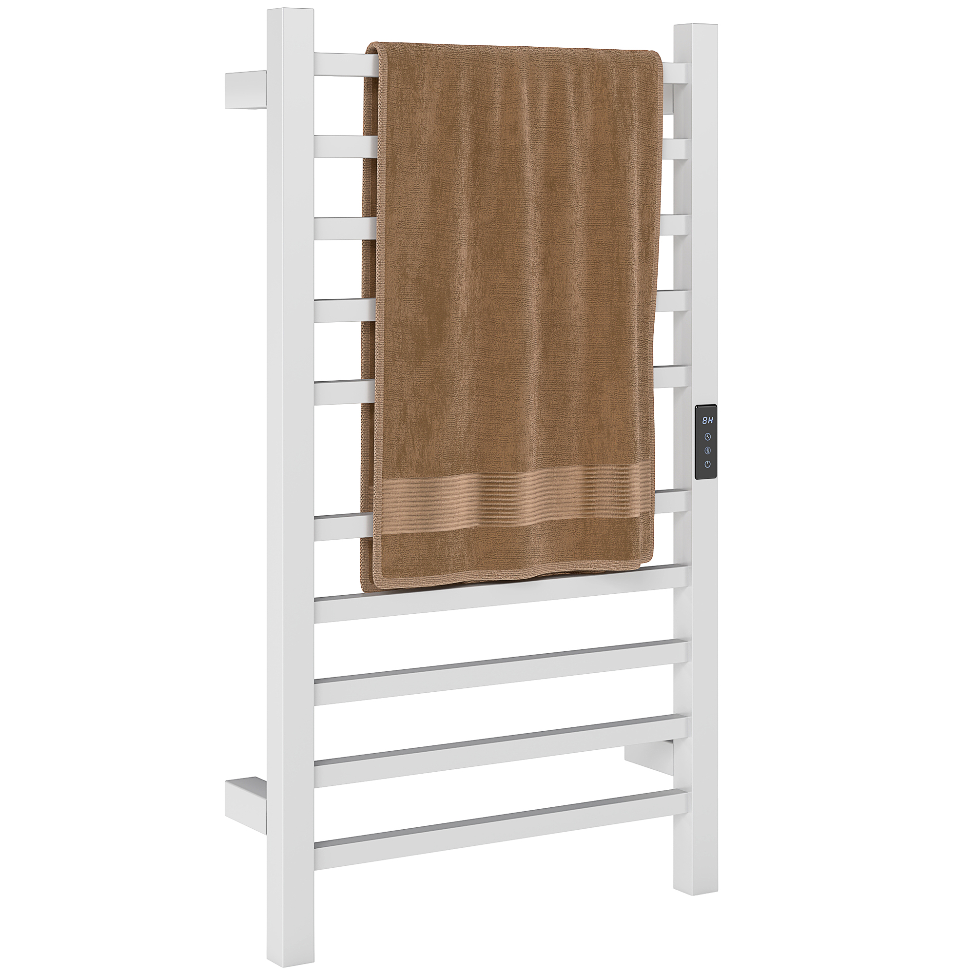 Scaldasalviette bianco con un asciugamano marrone. Display elettronico laterale. Design verticale.