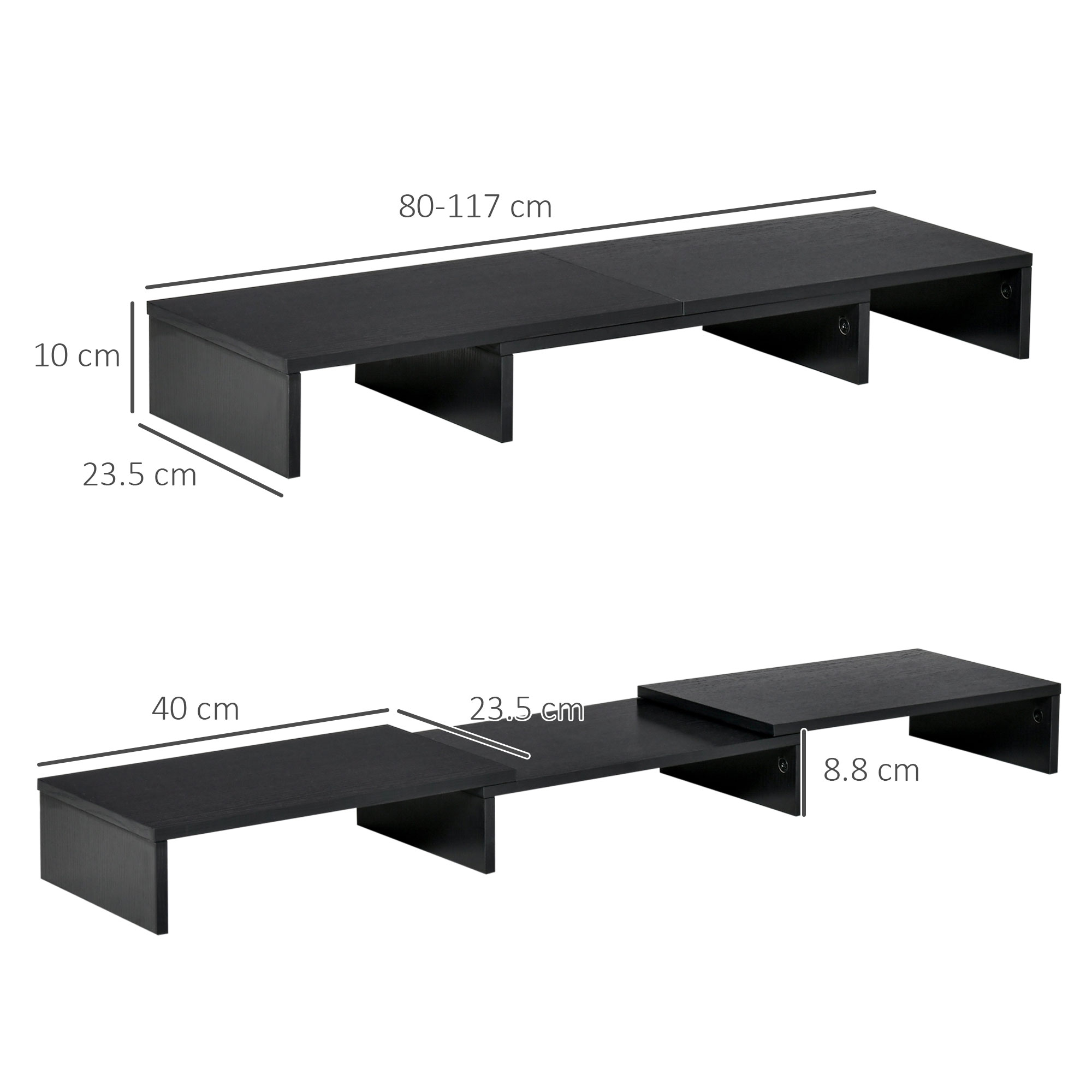 Due supporti monitor in legno nero con dimensioni: 80-117cm, 10cm, 23.5cm, 40cm e 8.8cm.