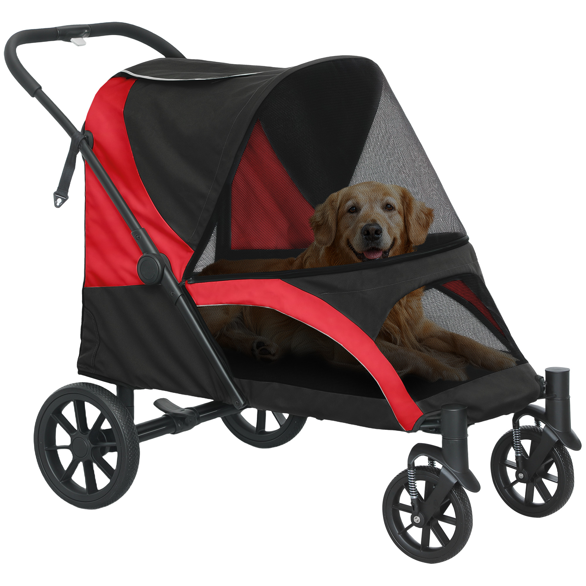 Un cane in un passeggino rosso e nero con copertura a rete, sorridente e che guarda fuori.
