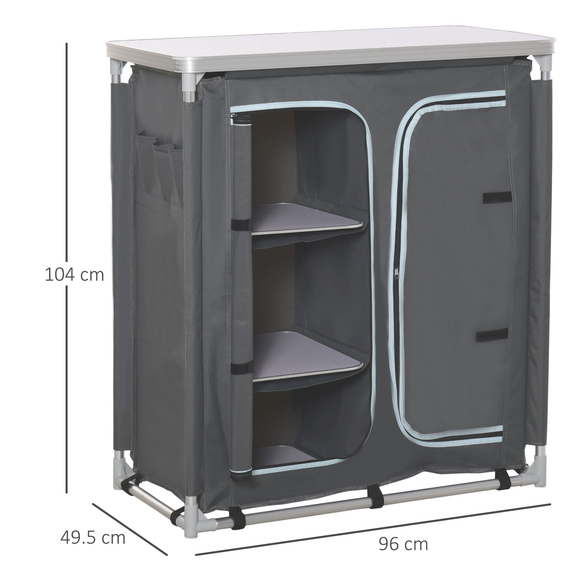 Un armadietto da campeggio grigio con dimensioni indicate. Ha ripiani e una porta in tessuto.