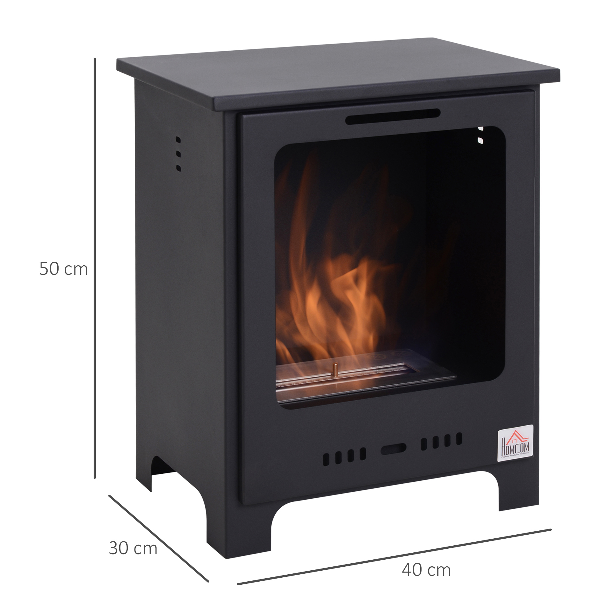 Caminetto nero con fiamme all'interno, dimensioni visibili.