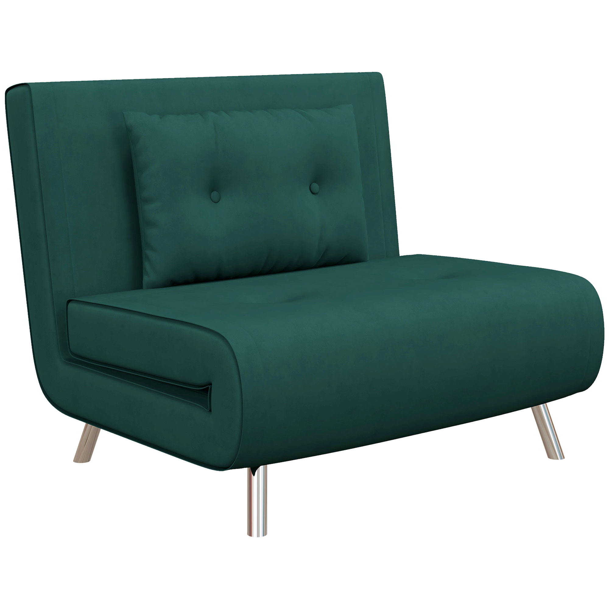 Divano letto verde scuro con cuscino quadrato e gambe argentate.