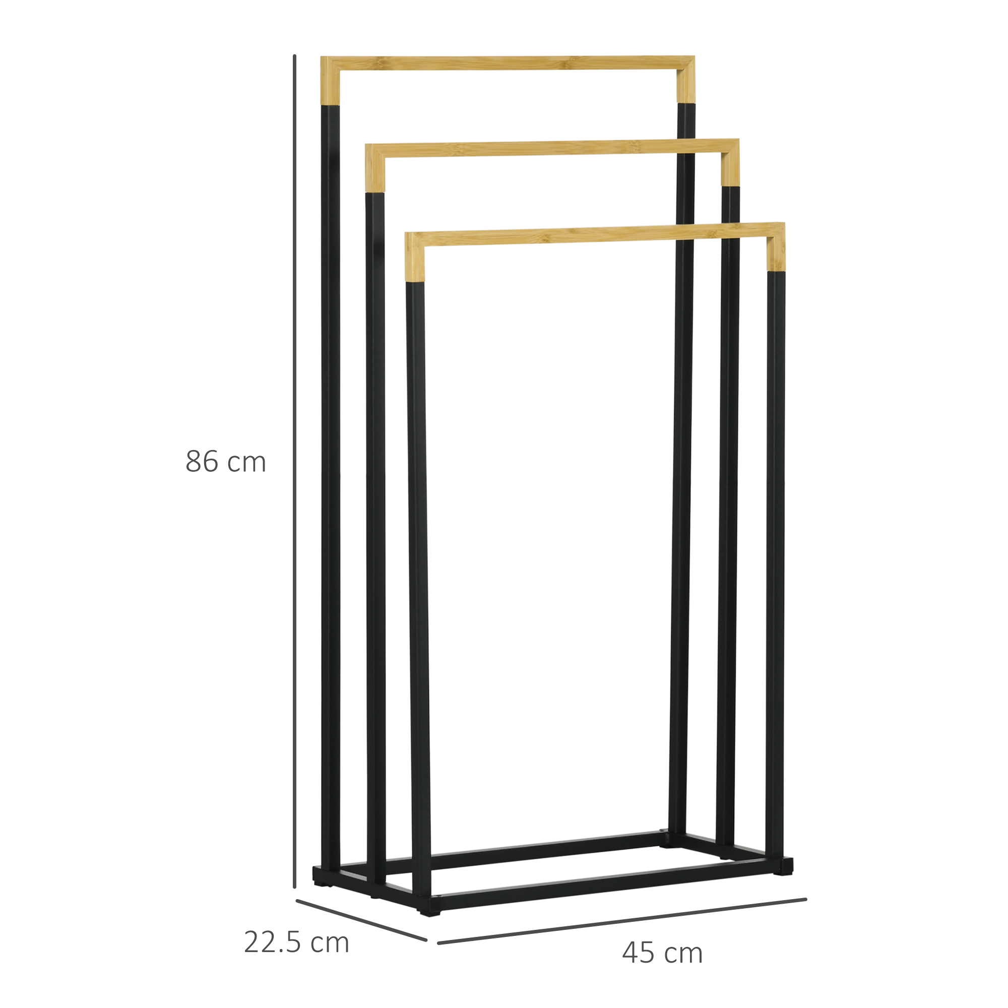 Un set di tre portasciugamani con telai neri e barre superiori in legno. Le dimensioni sono indicate.