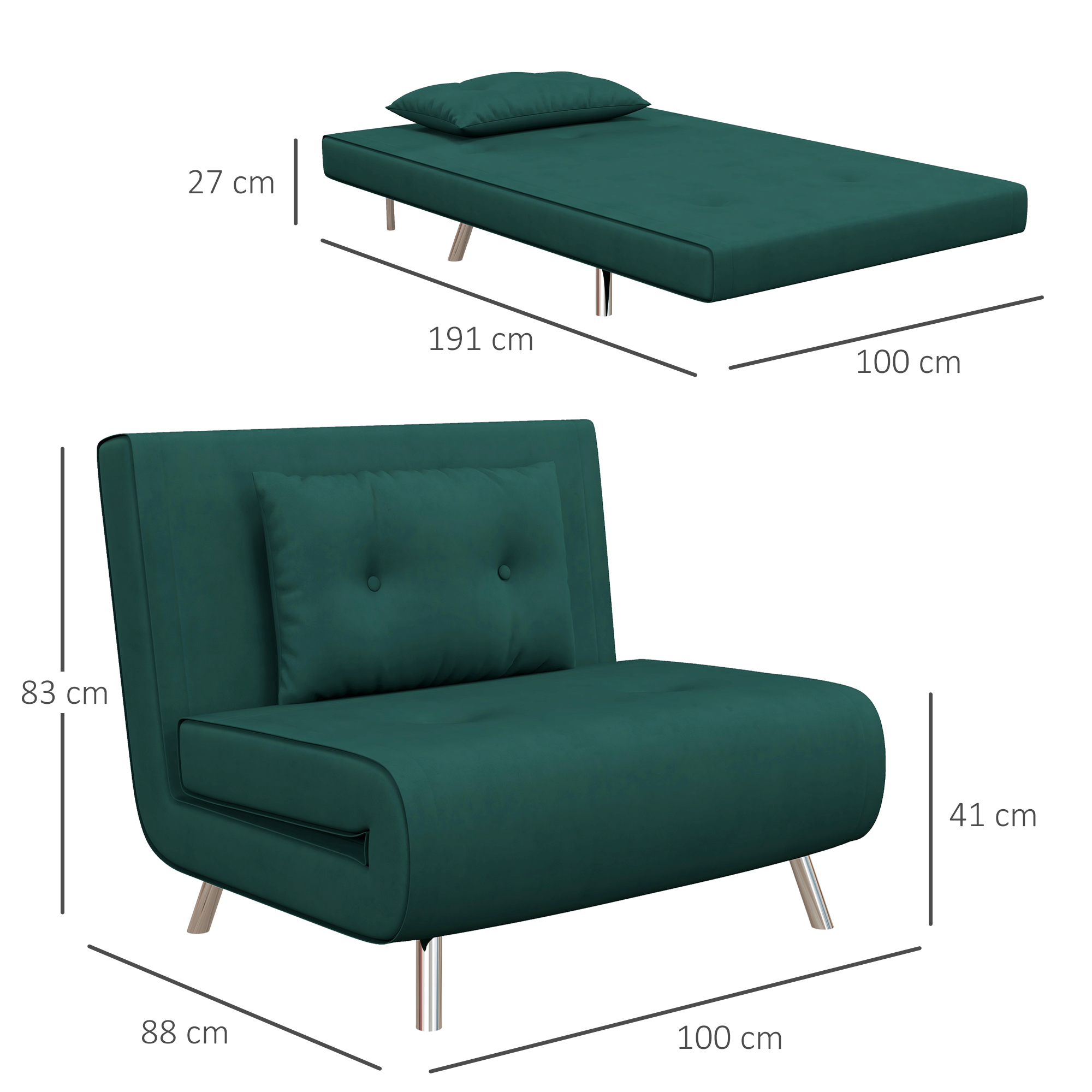 Divano letto verde con dimensioni, incluso cuscino coordinato su sfondo bianco.