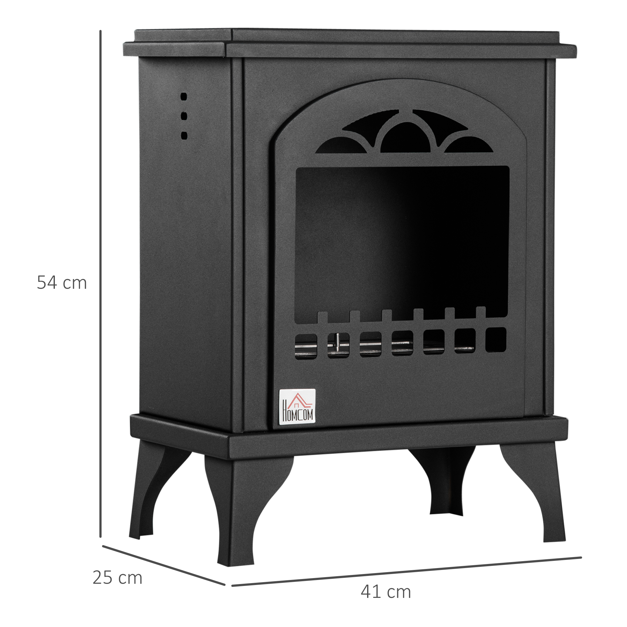 Un caminetto nero con un frontale decorativo e il logo Homcom. Le dimensioni sono fornite.