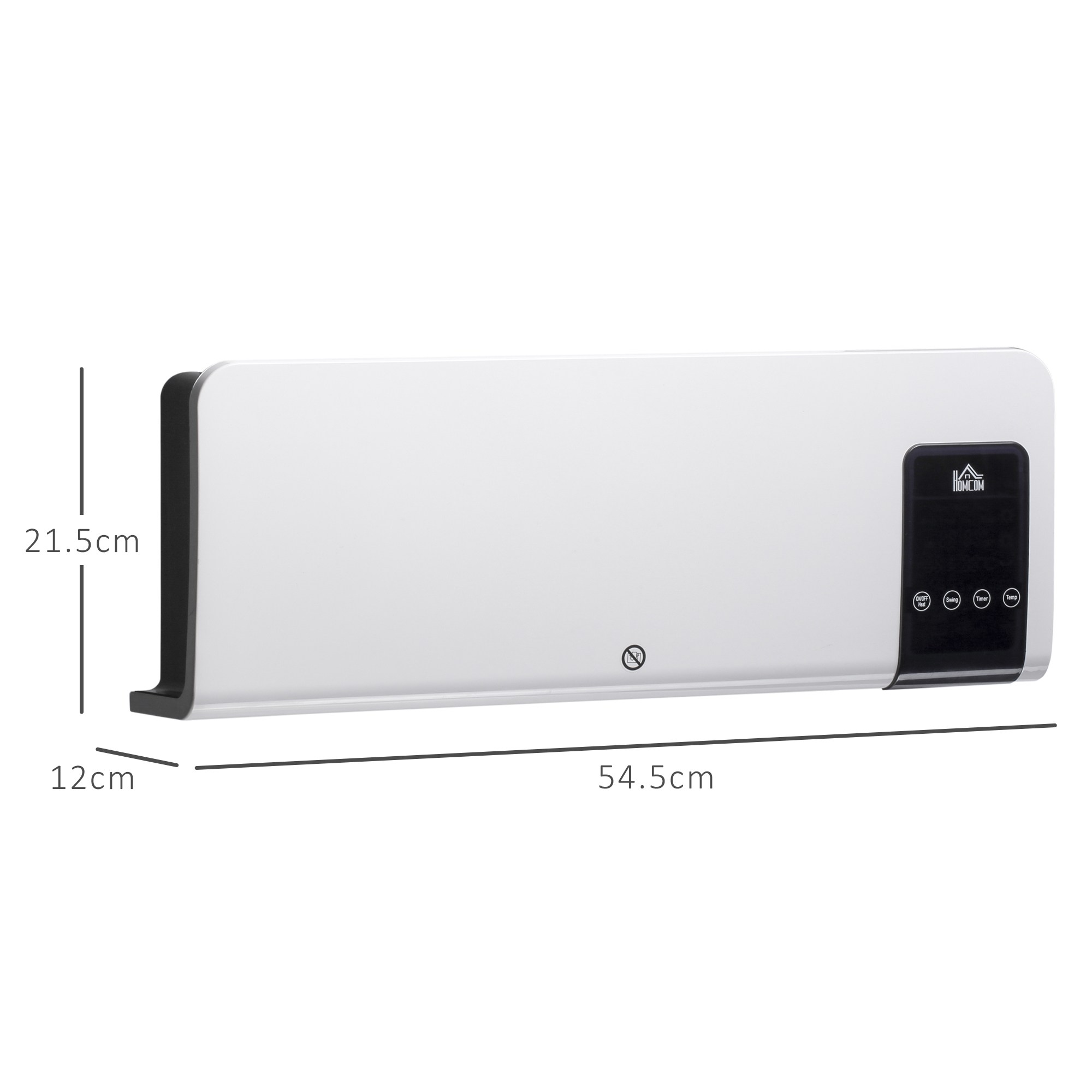 Termoventilatore elettrico bianco su una parete con dimensioni. Il riscaldatore ha un pannello di controllo nero.