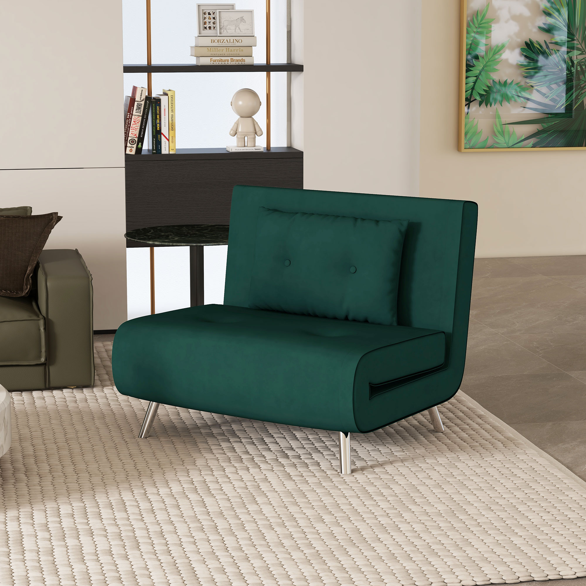 Un divano letto verde scuro con un cuscino, su un tappeto in un soggiorno moderno.