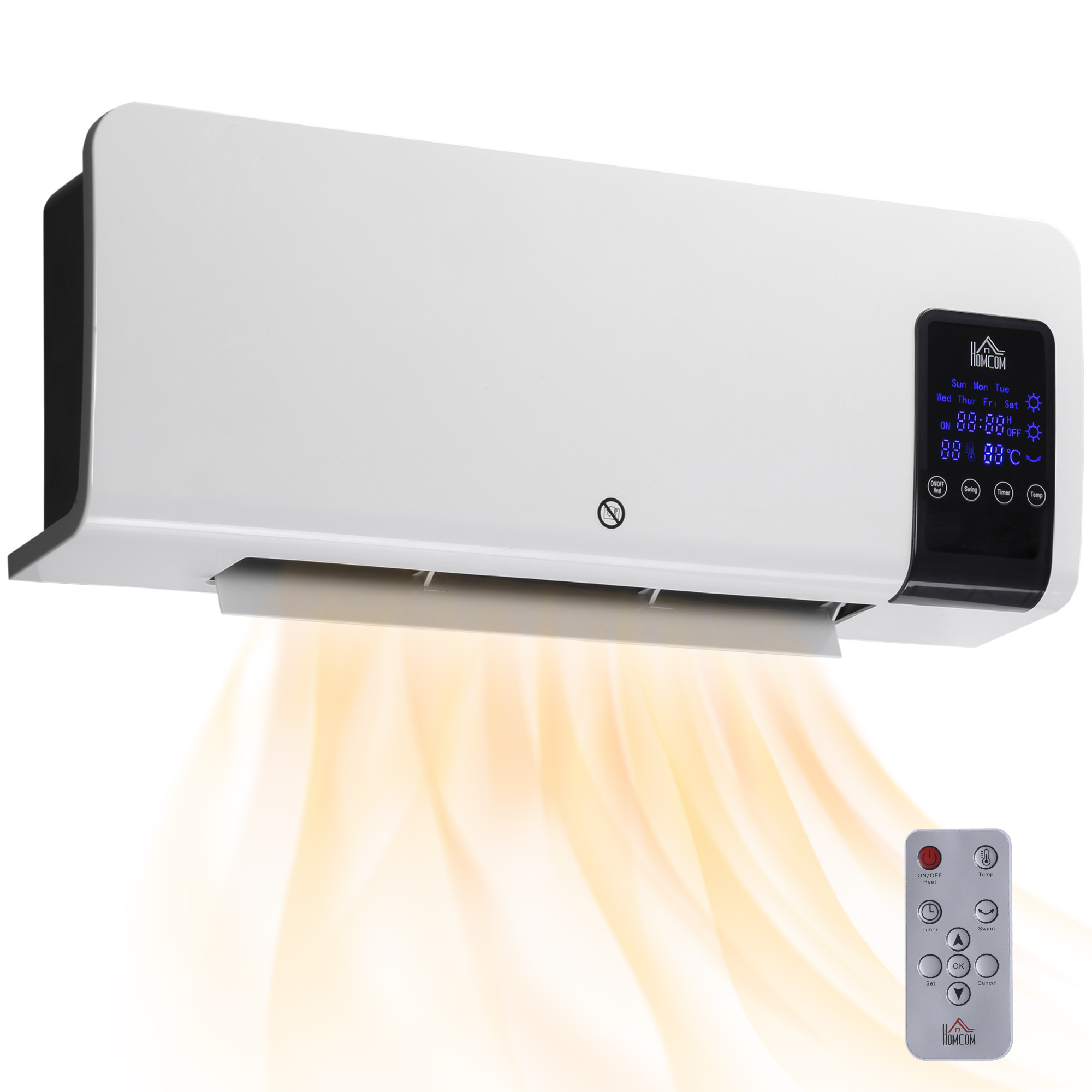 Un riscaldatore bianco a parete con comandi della temperatura e un telecomando.