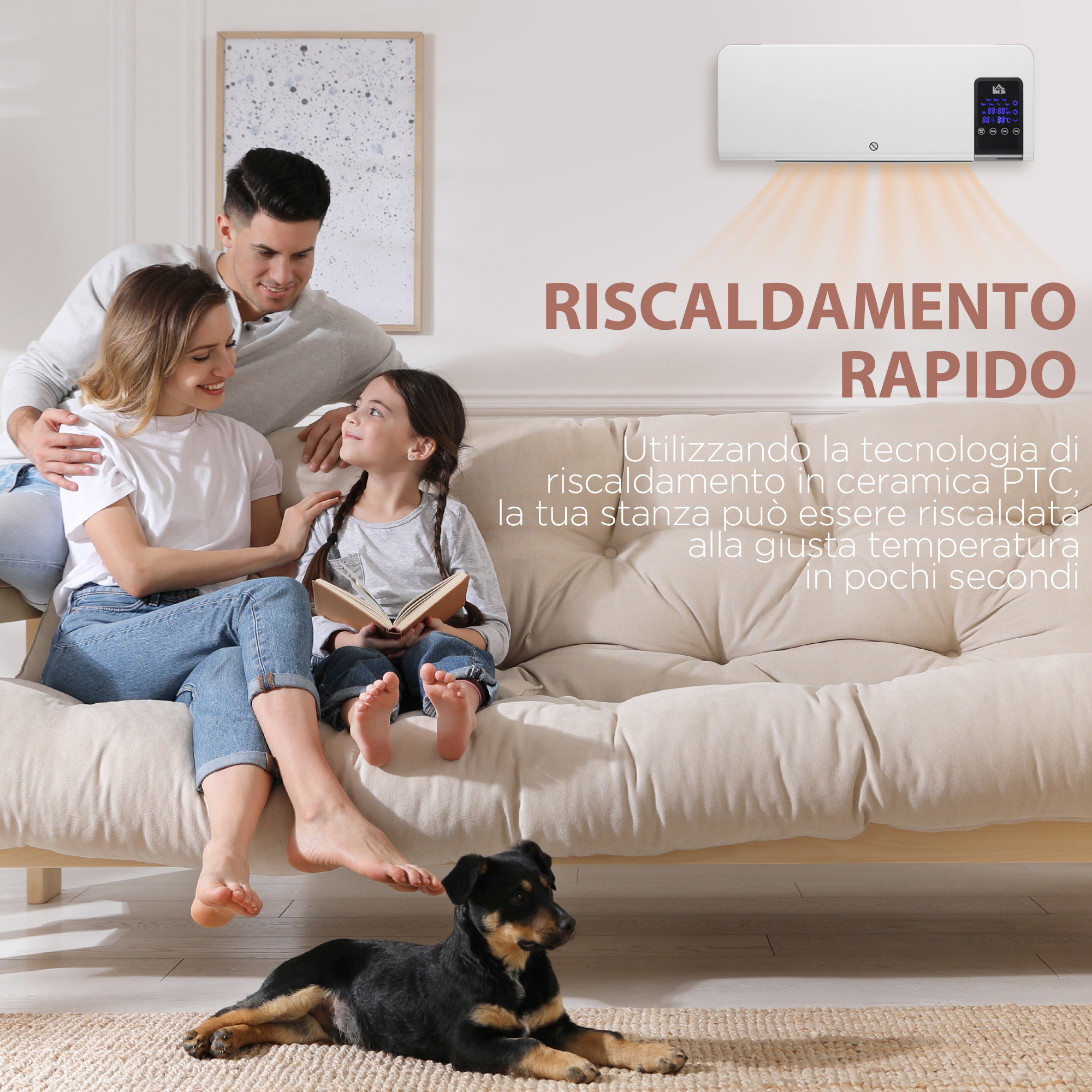 Famiglia seduta su un divano con un cane. Un riscaldatore è sul muro.