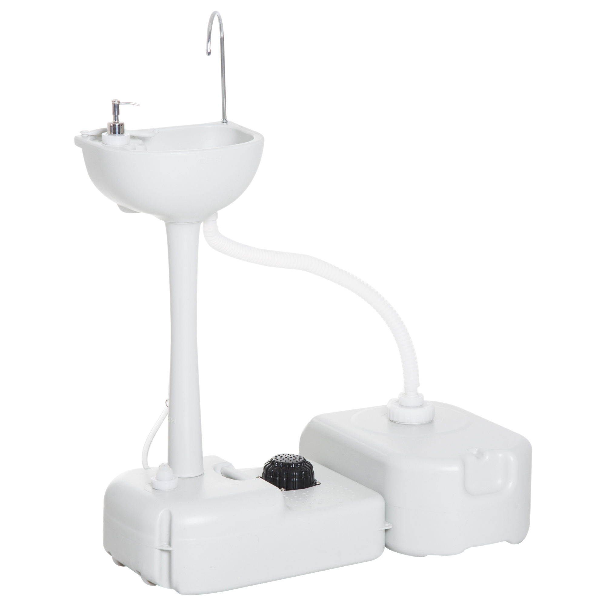 Lavandino portatile bianco con dispenser di sapone. Ha un serbatoio d'acqua.