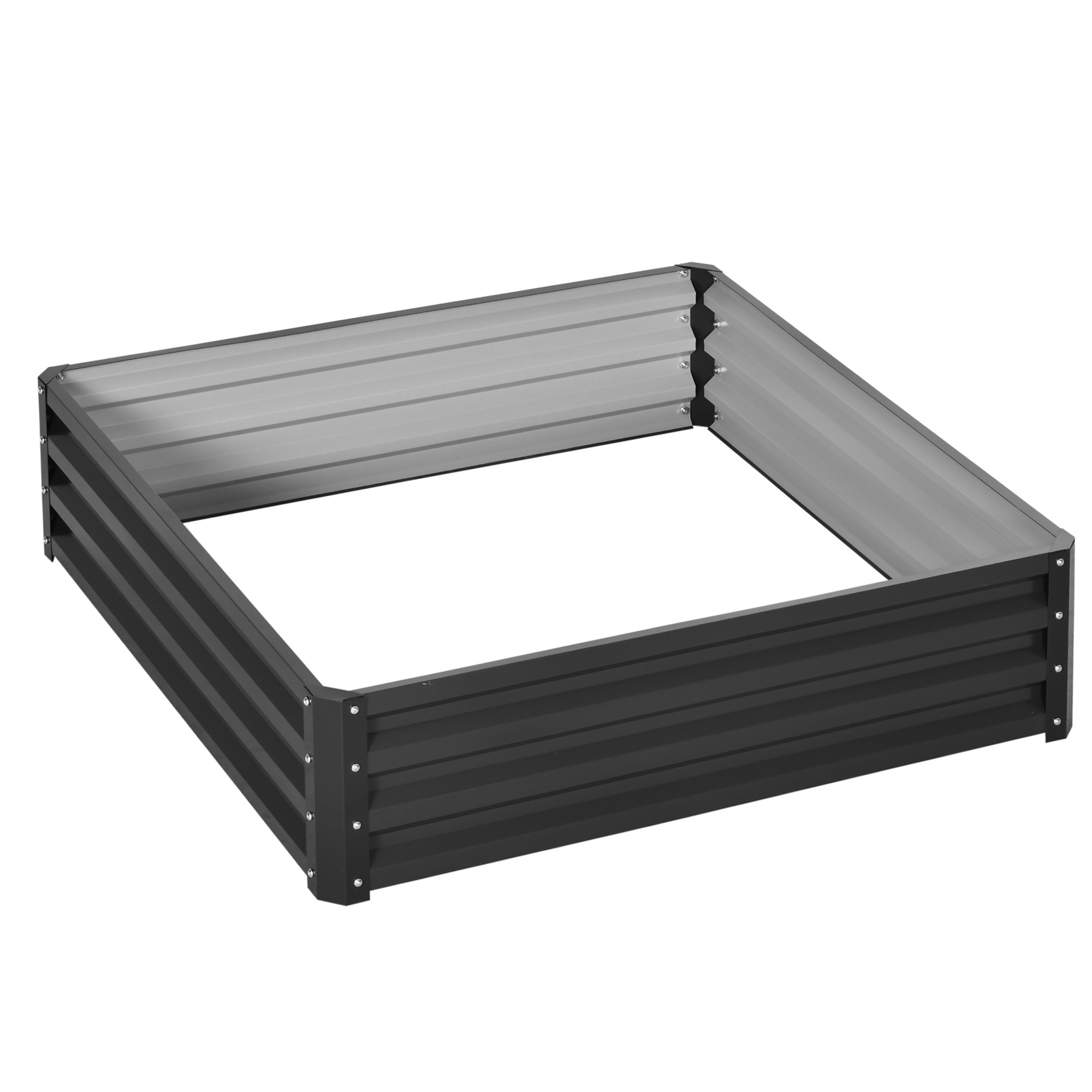 Aiuola rialzata in metallo nero. Forma rettangolare. Costruita con pannelli di metallo ondulato.