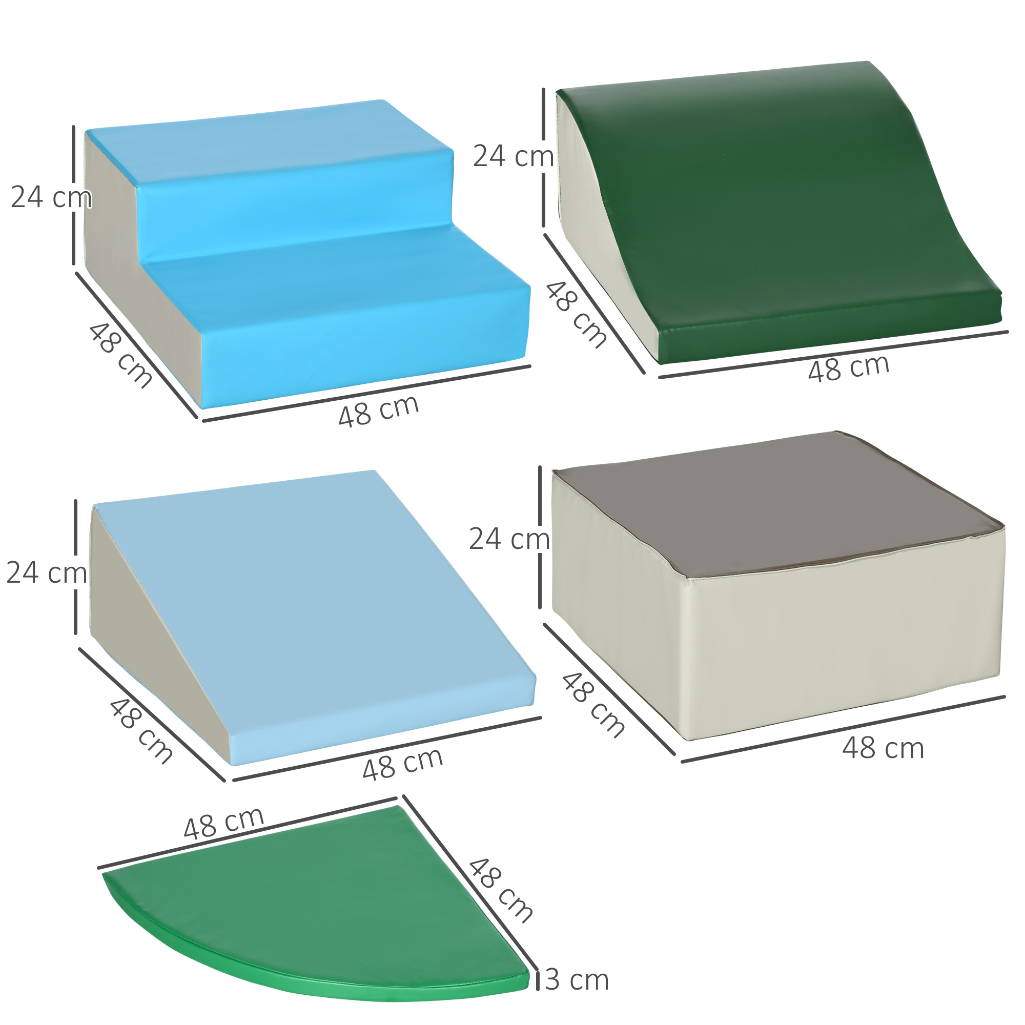 Un gruppo di forme in schiuma colorate con dimensioni, progettate per far giocare i bambini.