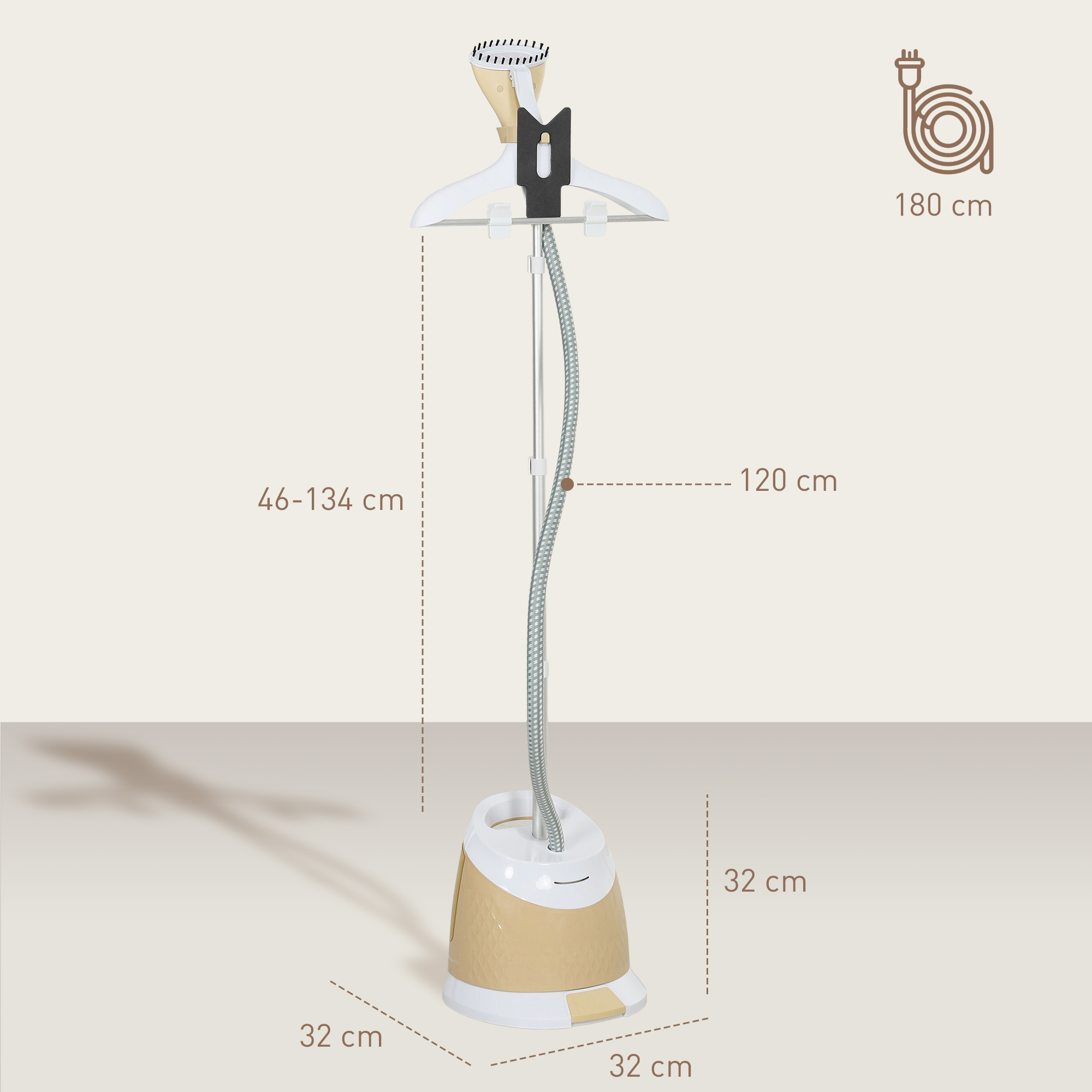Un vaporizzatore per indumenti con dimensioni e un'appendiabiti. Schema di colori beige e bianco.
