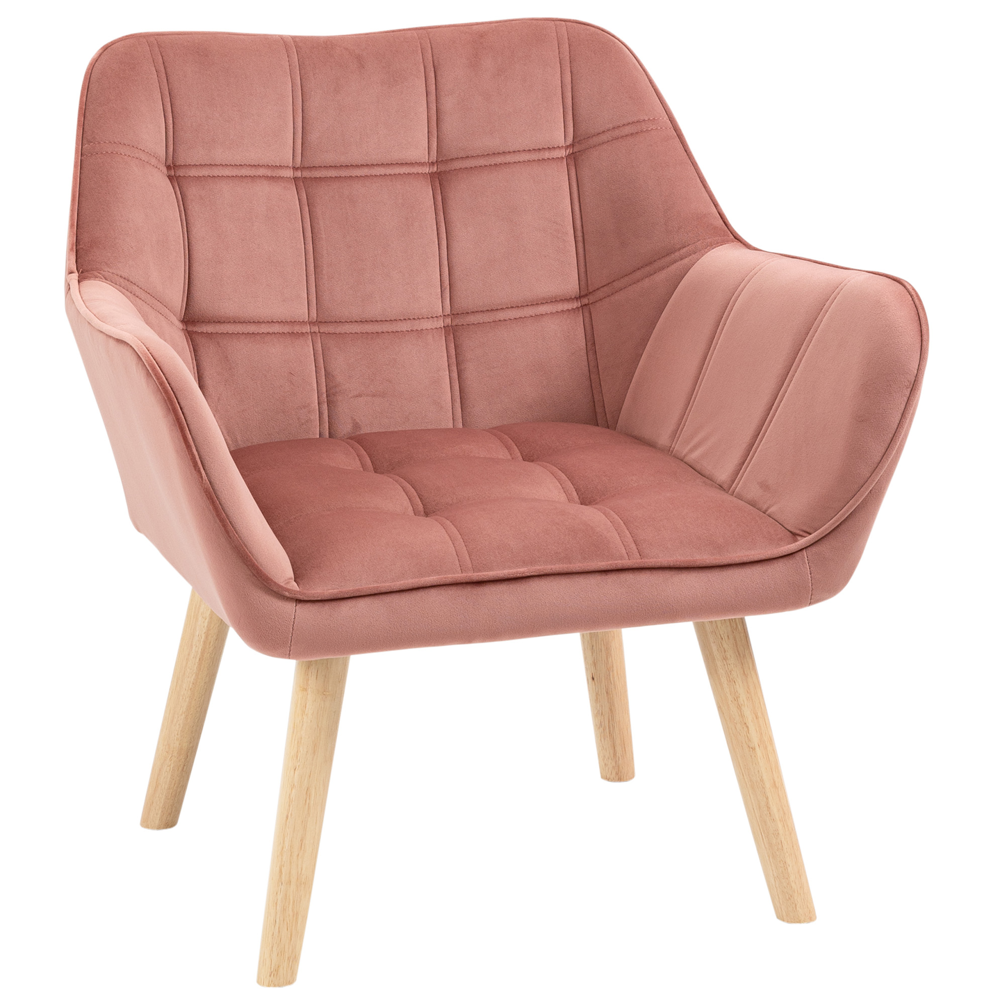 Sedia in velluto rosa con schienale e seduta trapuntati. Ha gambe e braccioli in legno.