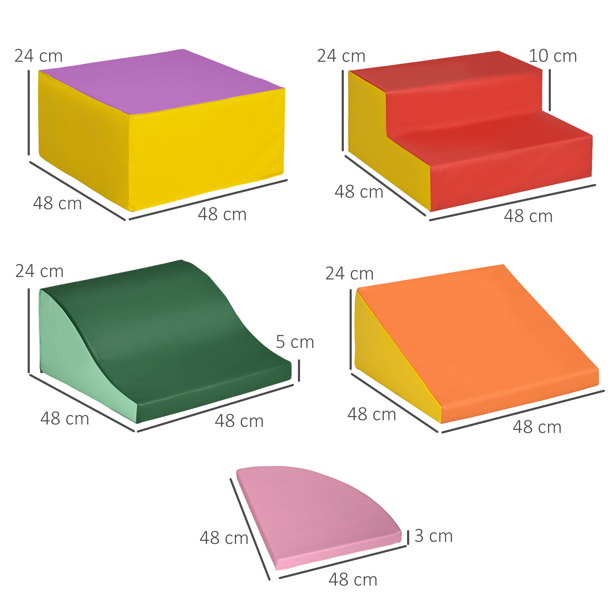 Vari blocchi di schiuma colorati con misure. Alcuni sono a gradini, altri curvi o quadrati.
