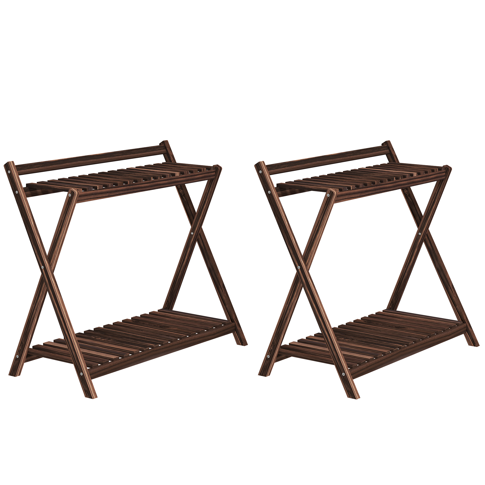 Due supporti per piante in legno con lati a zig-zag. Hanno due livelli per esporre le piante.