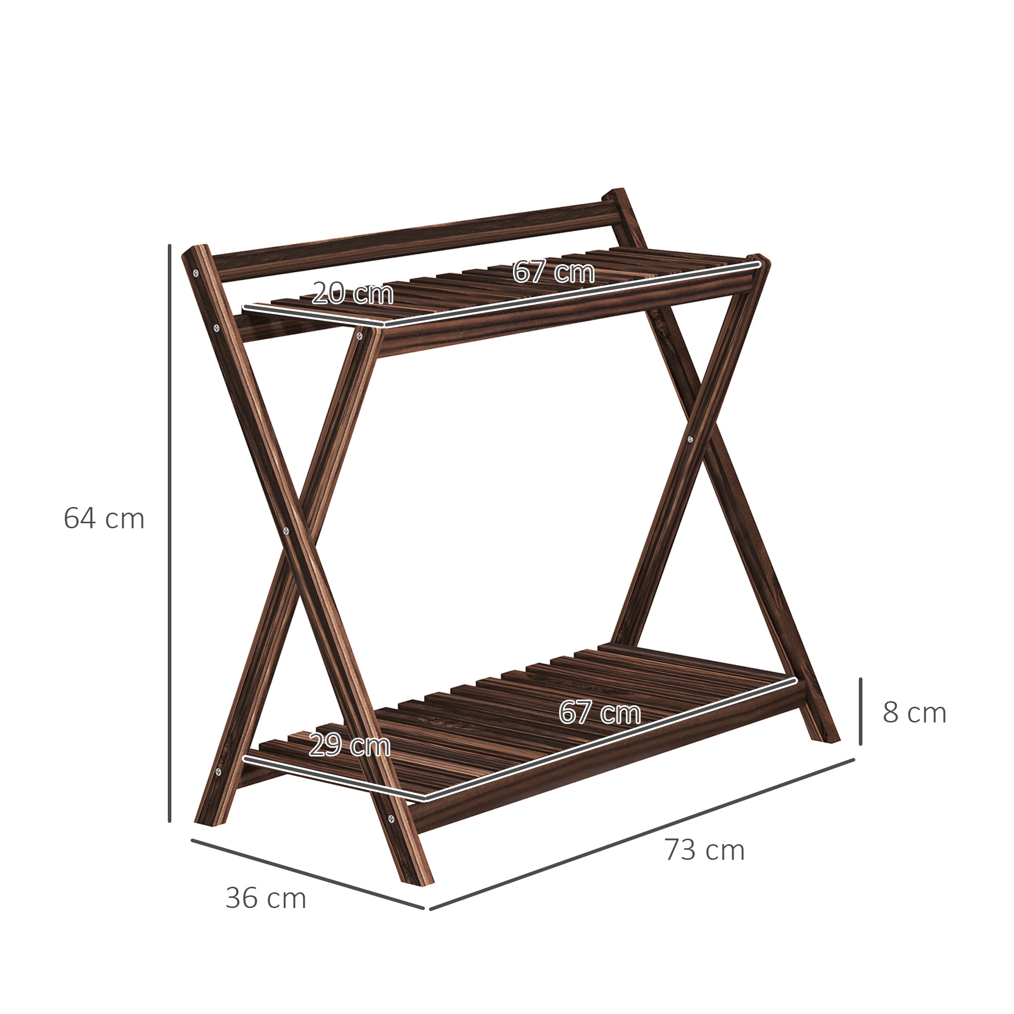 Supporto per piante in legno con due ripiani. Il supporto ha indicatori di dimensioni. Sfondo bianco.