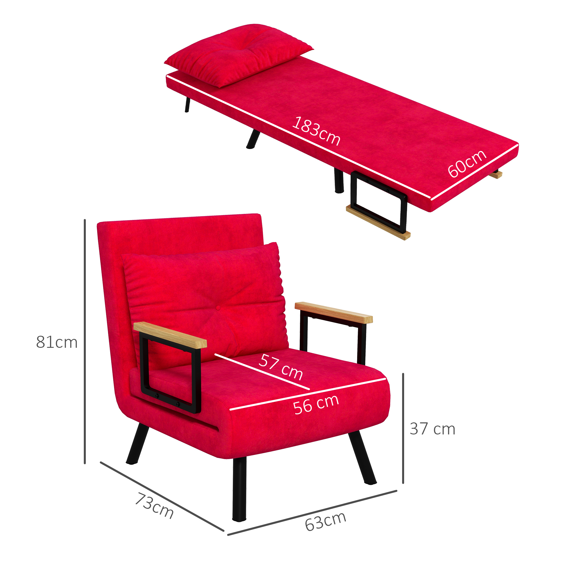 Sedia e letto futon rossi con dimensioni. Include un cuscino.