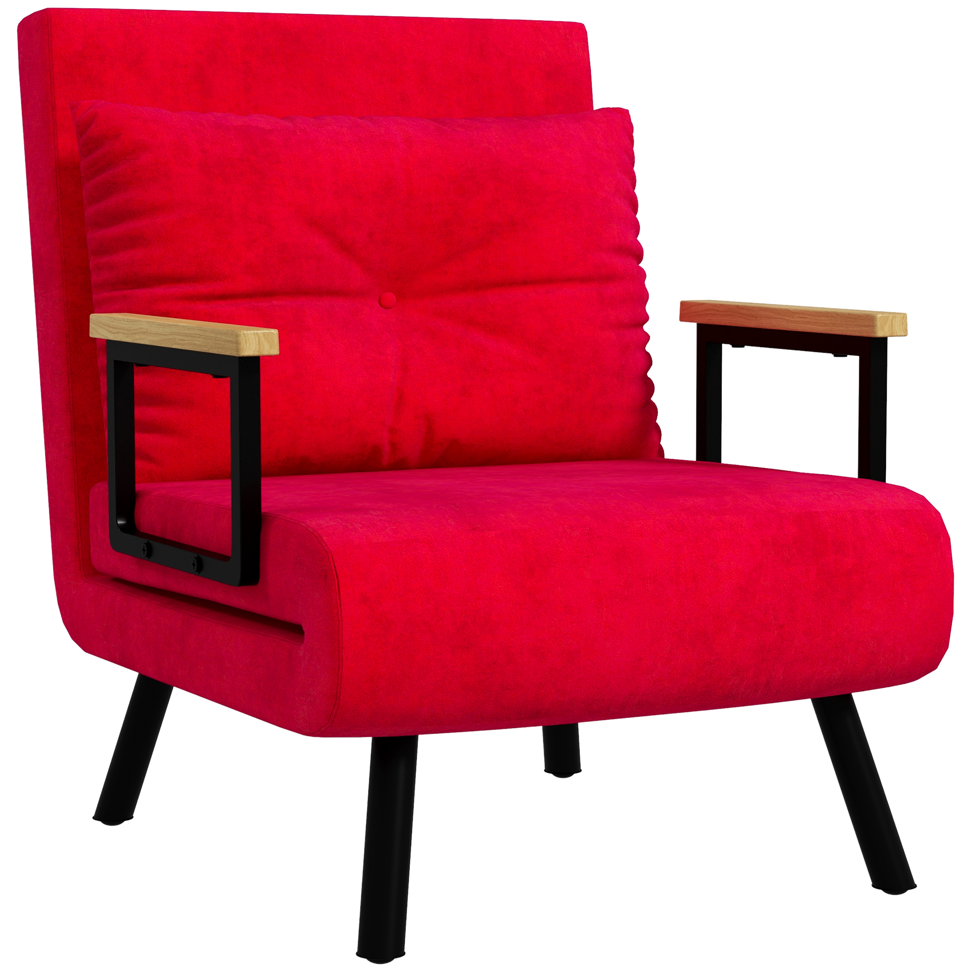 Una poltrona rossa moderna con gambe nere e braccioli in legno. Ha un cuscino rosso.