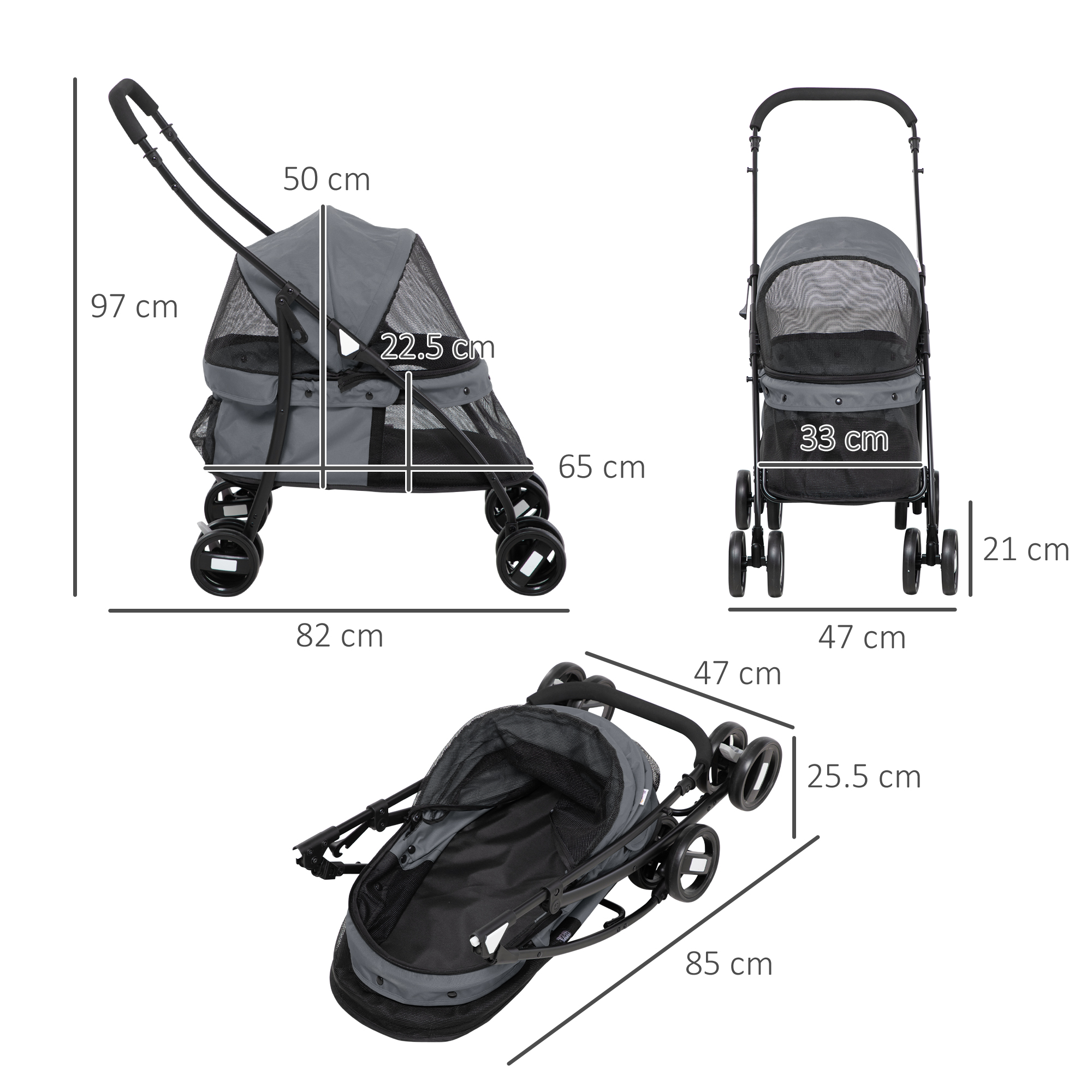 Passeggino grigio per animali domestici con dimensioni. In tre posizioni: aperto, piegato e laterale.