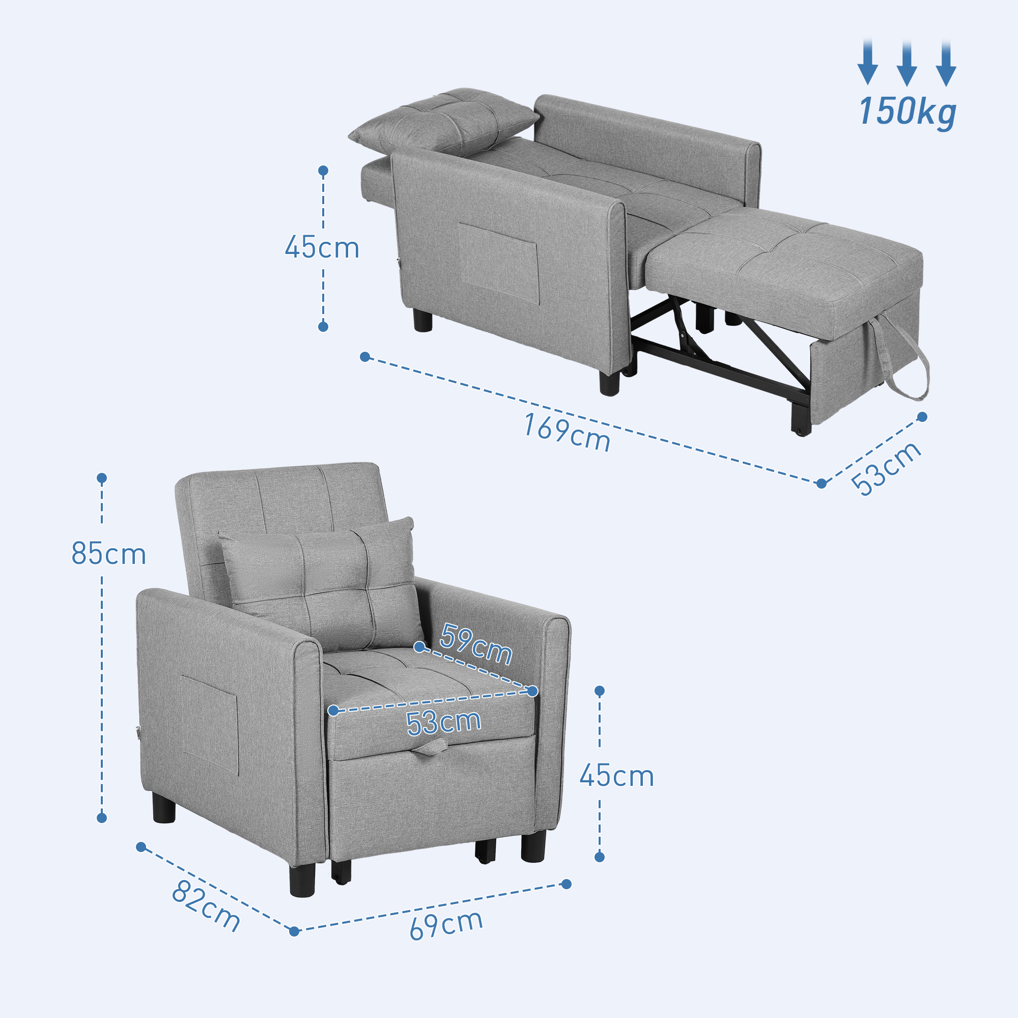 Due divani grigi con dimensioni visualizzate. Uno è un divano letto convertibile.