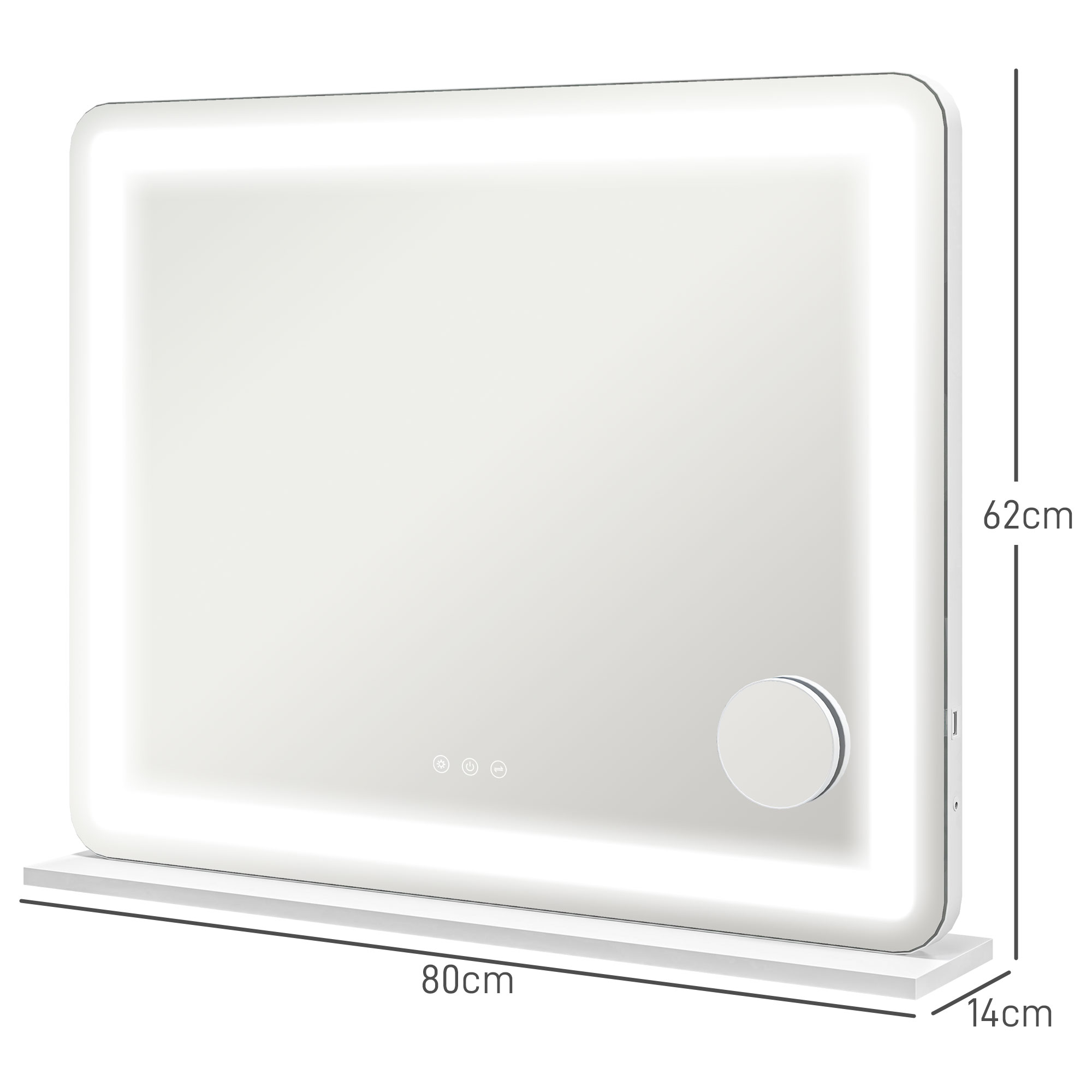 Uno specchio LED rettangolare con dimensioni: 80cm x 62cm x 14cm.