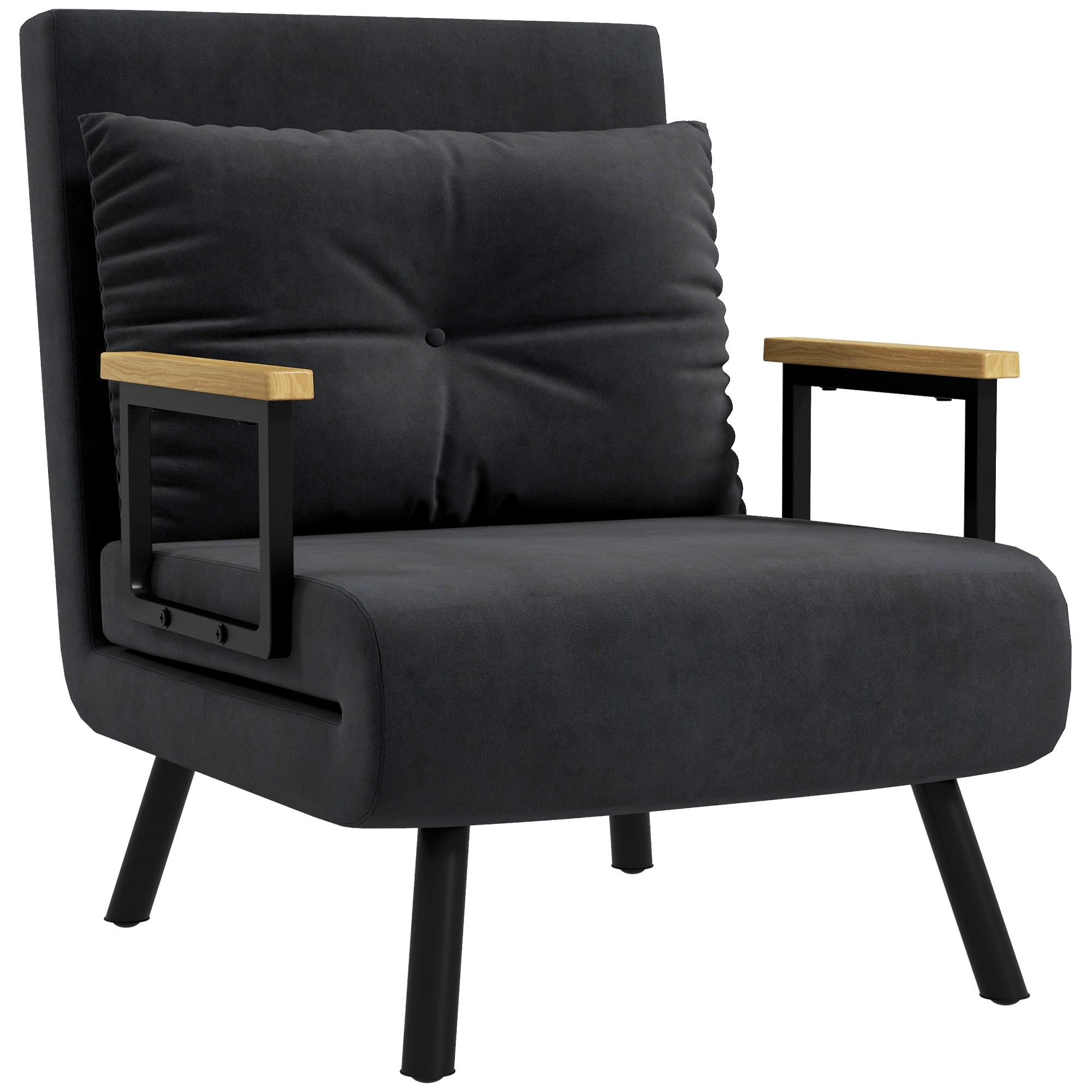 Sedia nera con cuscino, braccioli in legno e gambe nere.