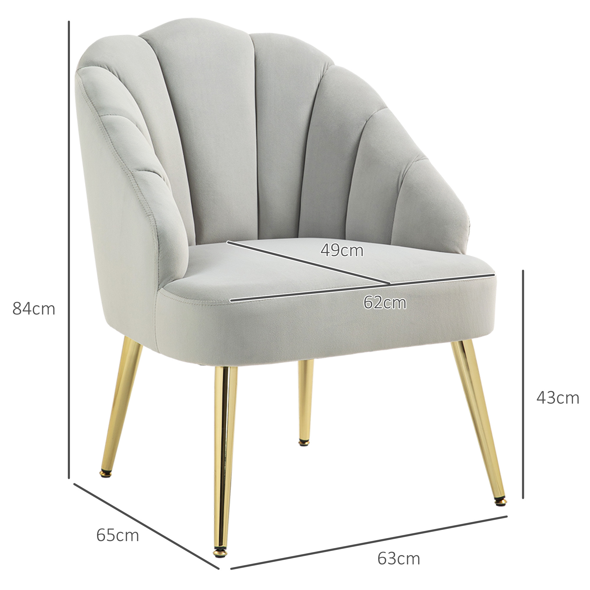 Sedia grigio chiaro con gambe dorate. Le dimensioni sono visualizzate. La sedia ha uno schienale a forma di conchiglia.