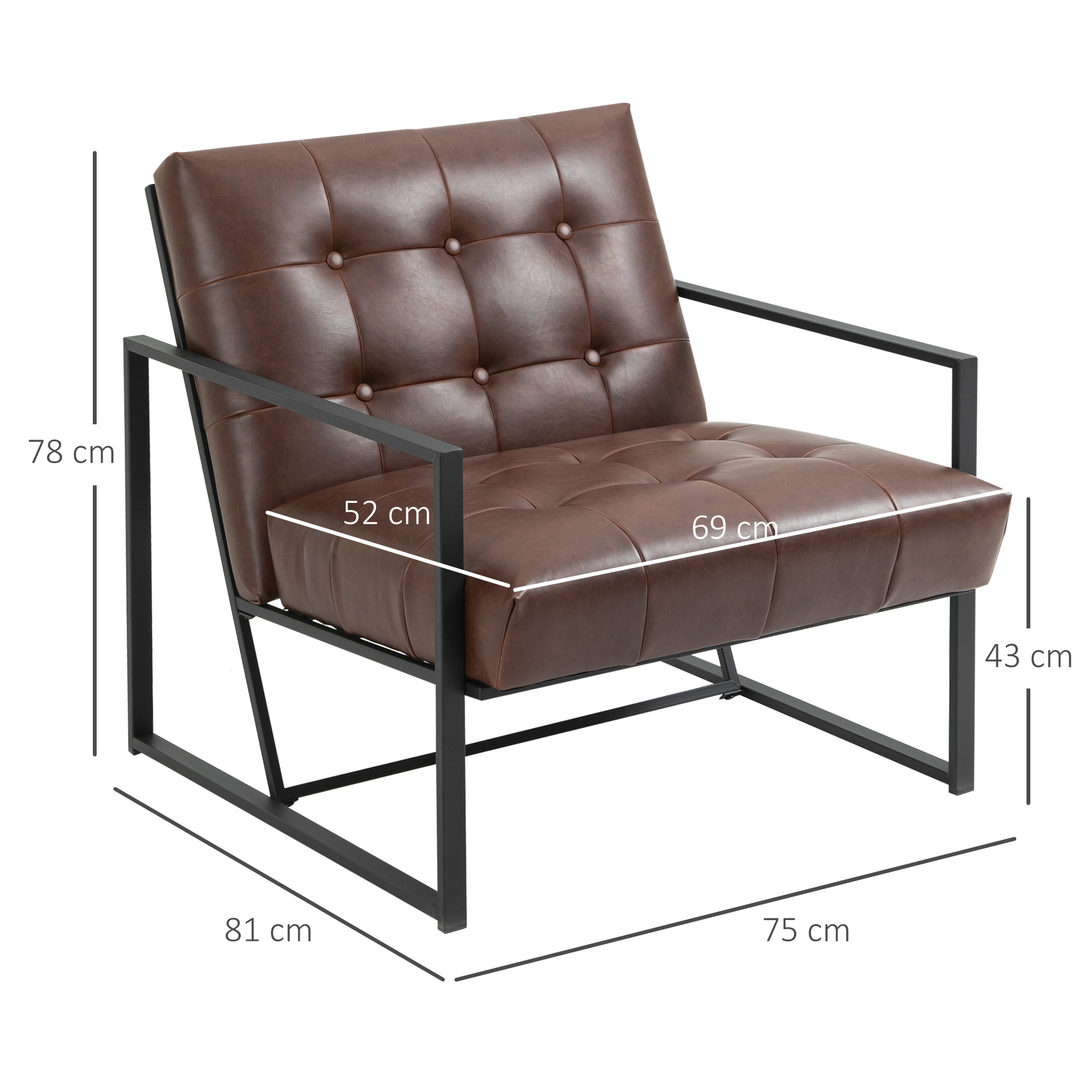 Poltrona in pelle marrone con struttura in metallo nero. Dimensioni visualizzate.