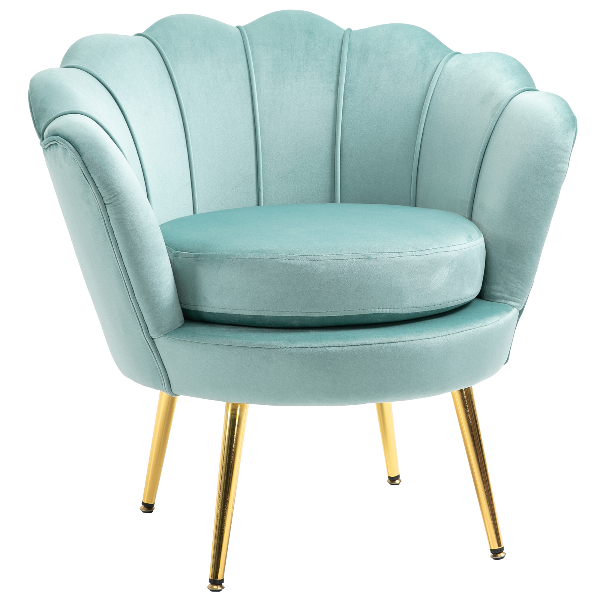Poltrona in velluto verde menta con gambe dorate. Ha un sedile arrotondato e uno schienale a forma di ventaglio.