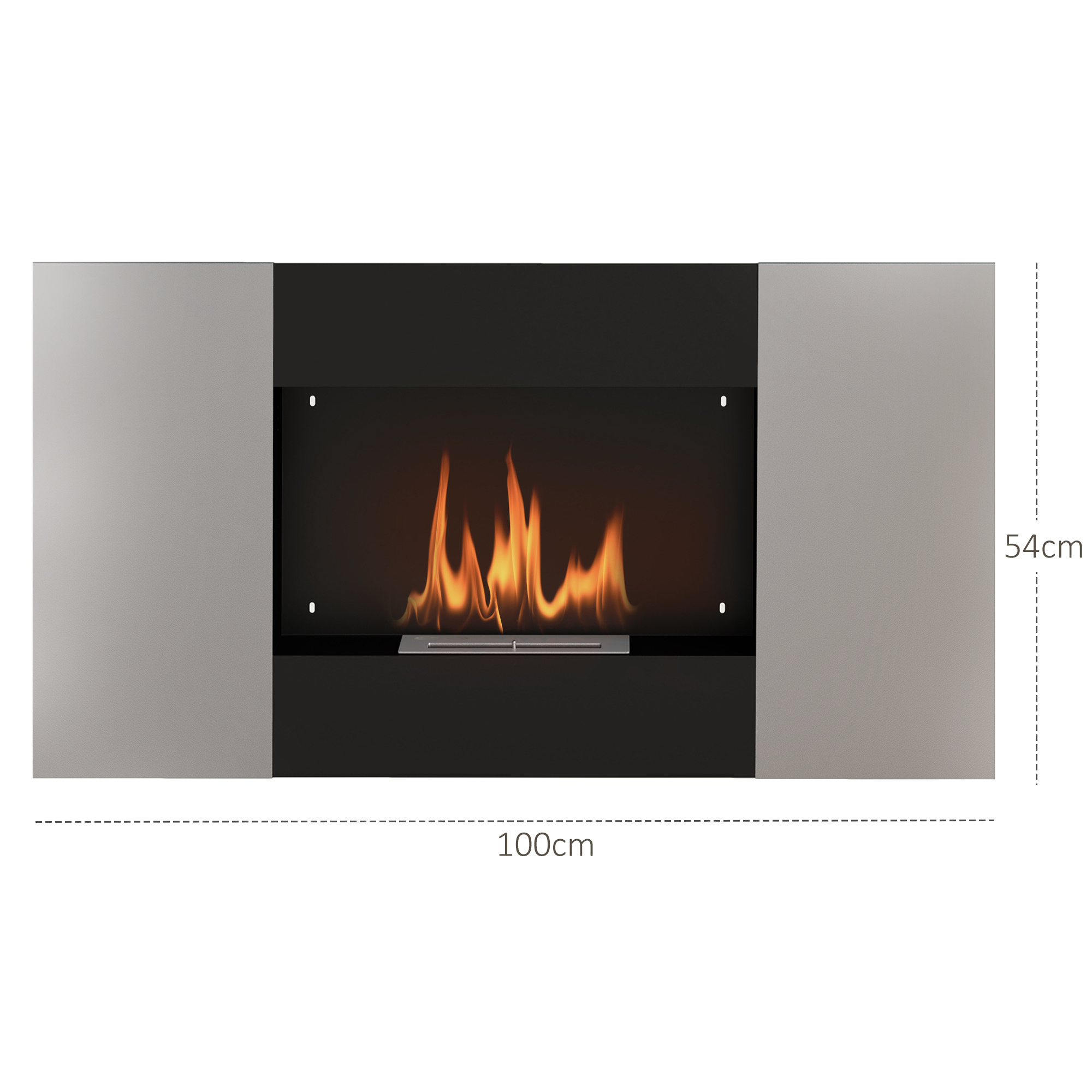 Caminetto con fiamme, dimensioni e cornice nera. Le fiamme sono arancioni e gialle.