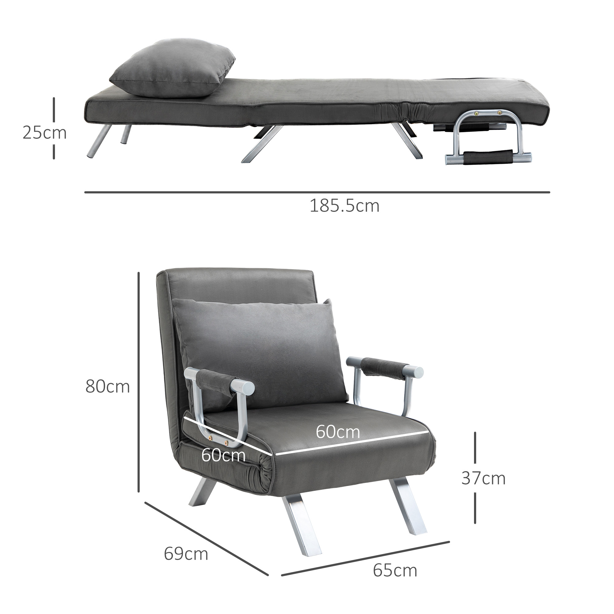 Ein graues Schlafsofa und ein Stuhl. Abmessungen sind beschriftet. Weißer Hintergrund.
