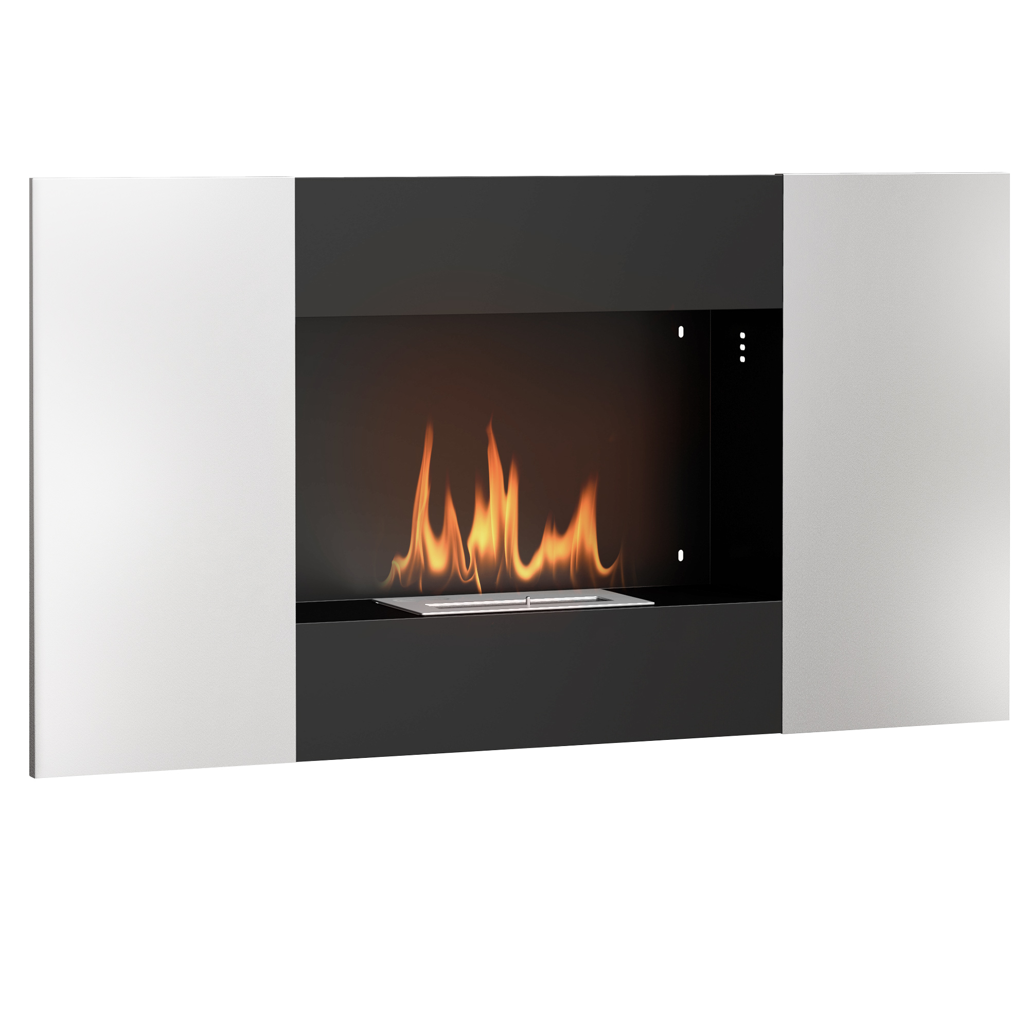 Caminetto nero con effetto fiamma. È tra pannelli bianchi.