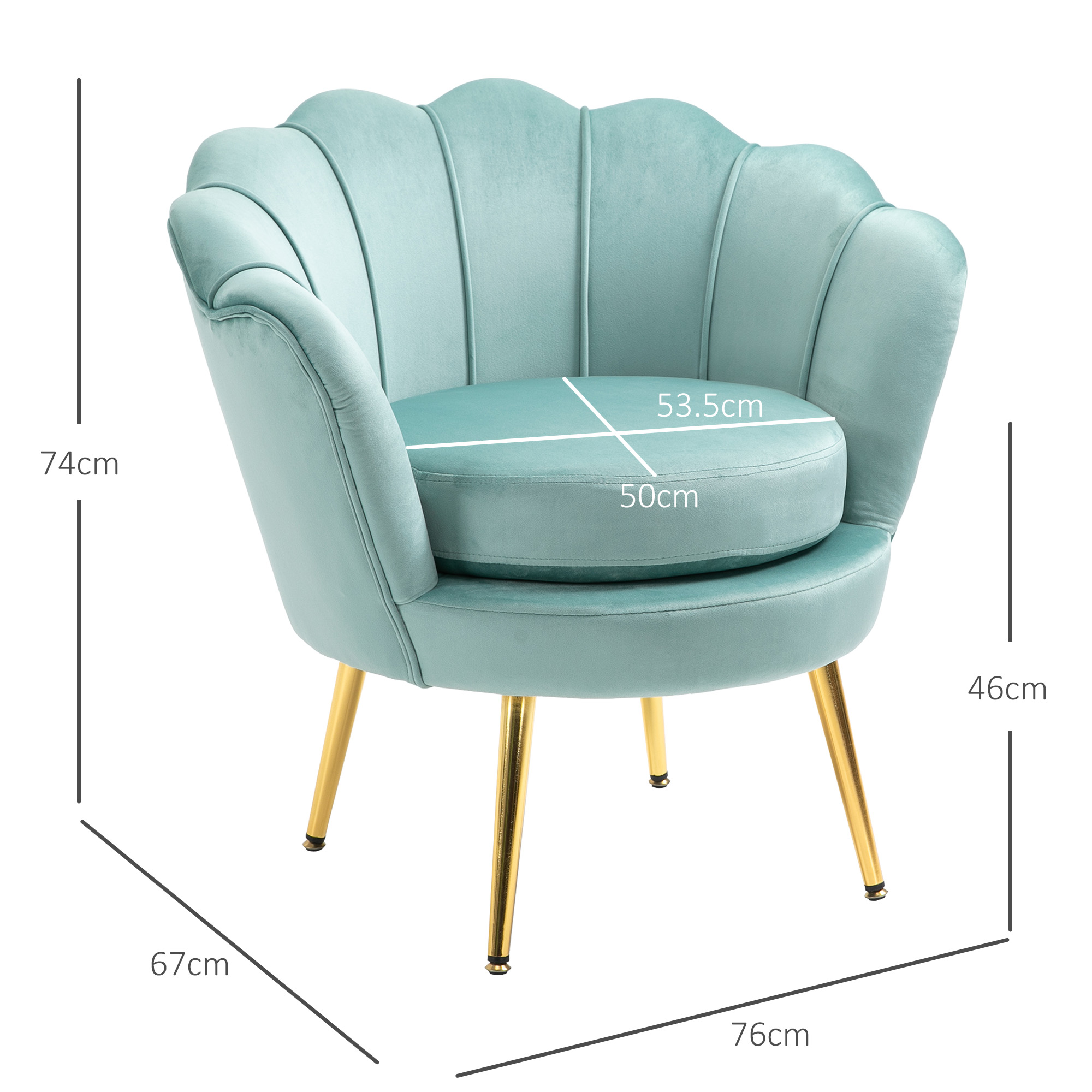 Sedia a conchiglia in velluto blu chiaro con gambe dorate. Dimensioni: 74cm altezza, 67cm larghezza, 76cm profondità.