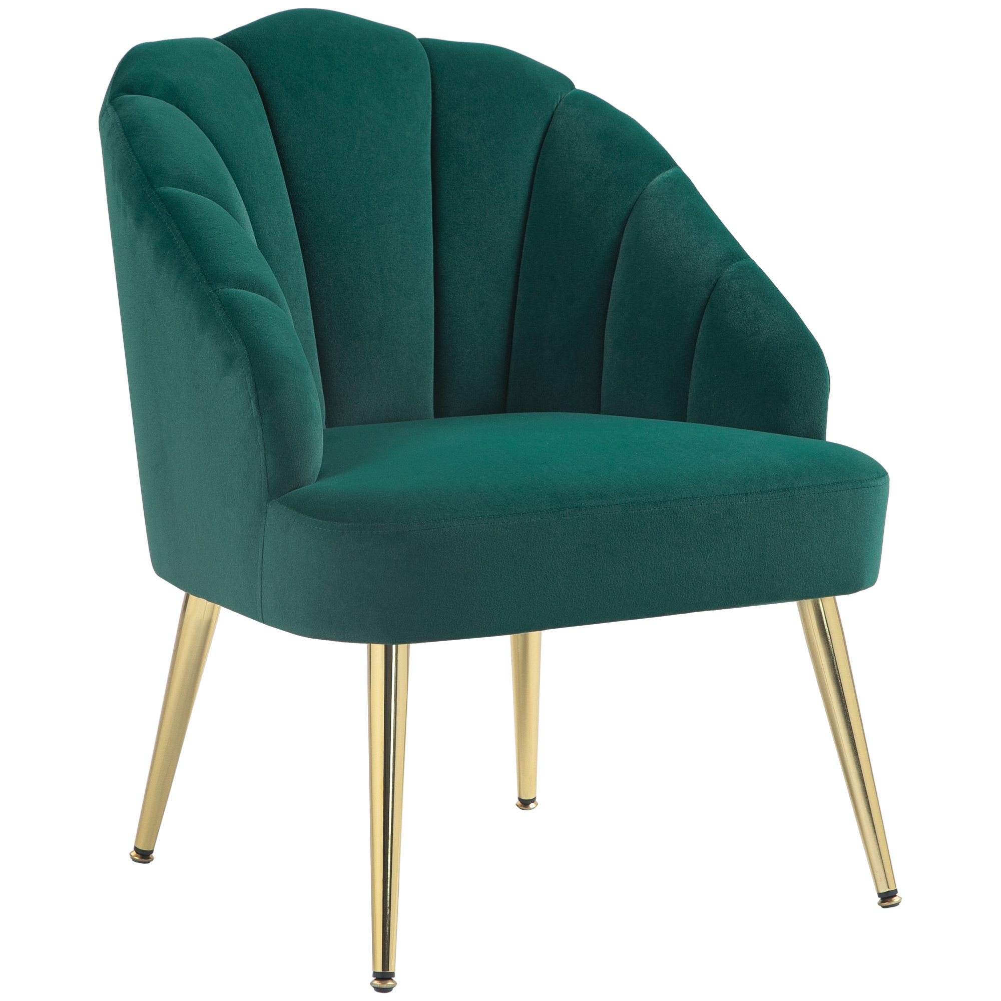 Sedia in velluto verde con gambe dorate. Un design dello schienale curvo ed elegante, un pezzo di arredamento moderno.