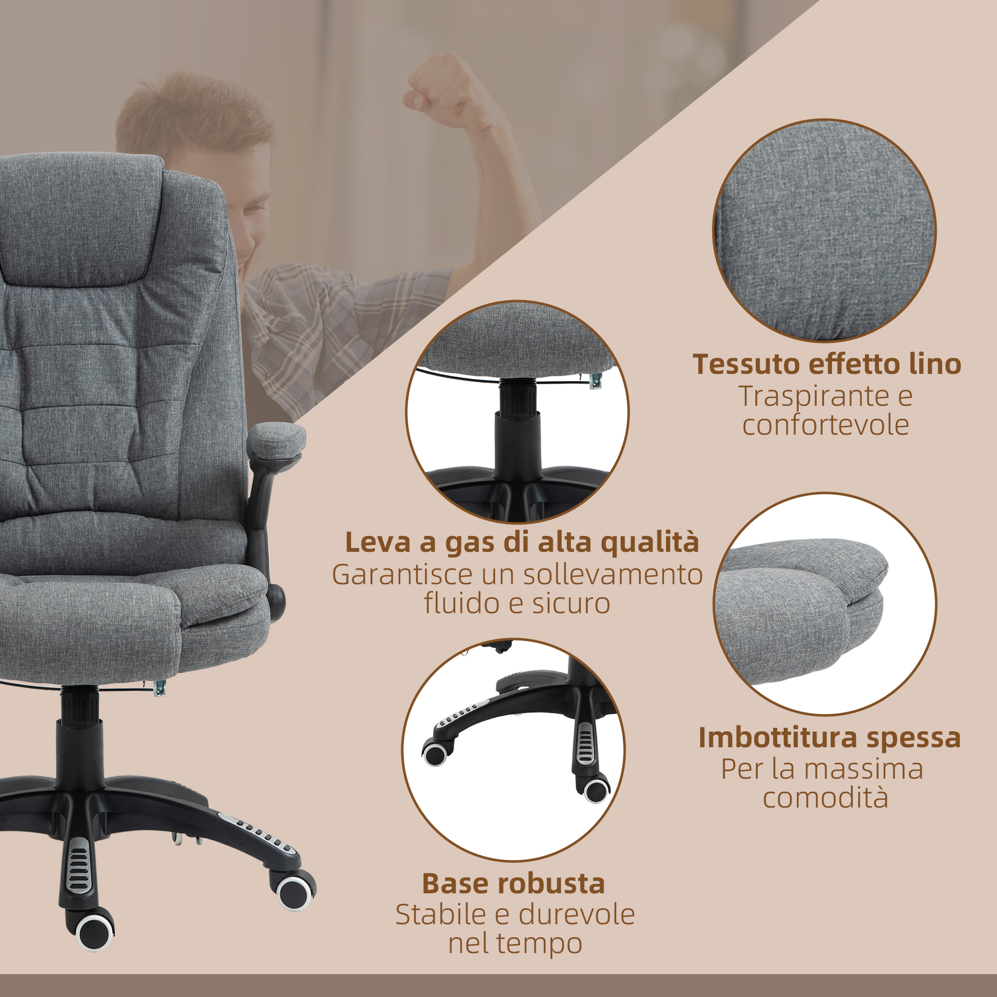 Una sedia da ufficio con dettagli: tessuto traspirante, imbottitura spessa e base robusta.