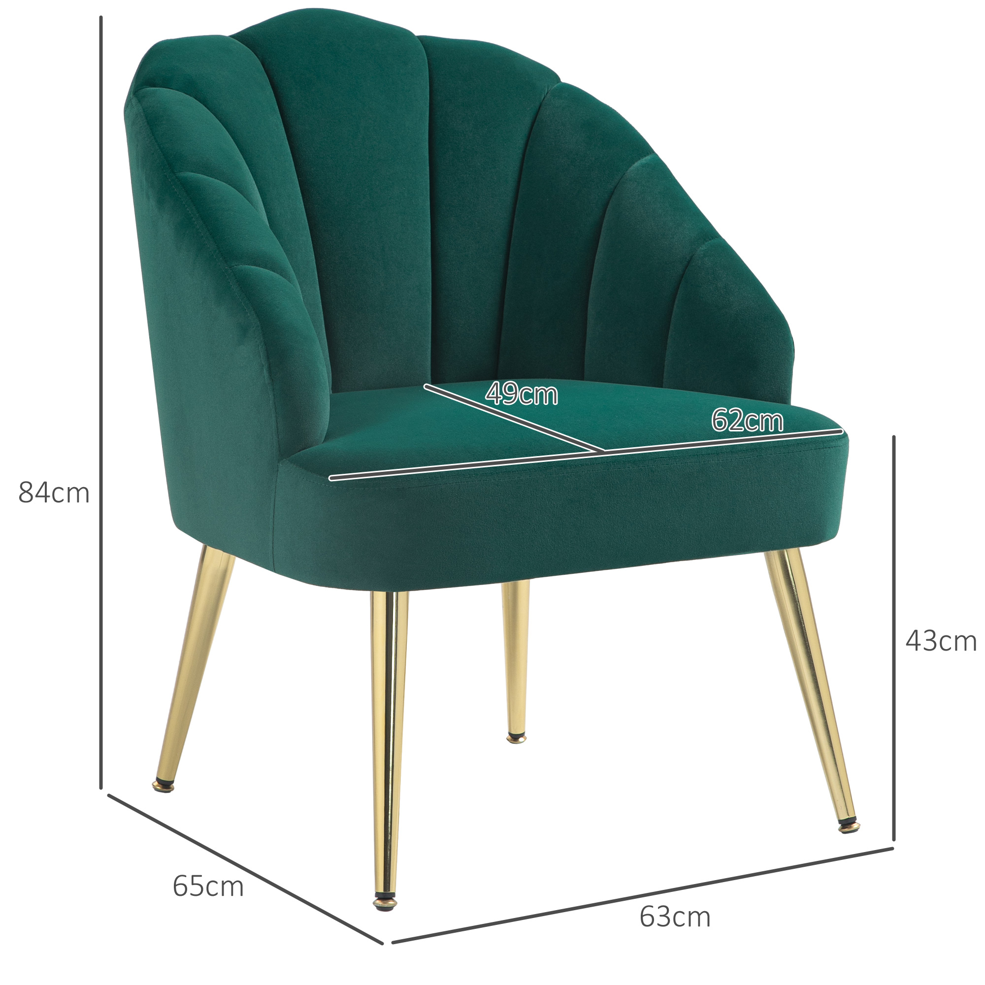 Poltrona in velluto verde con gambe dorate. Dimensioni etichettate.