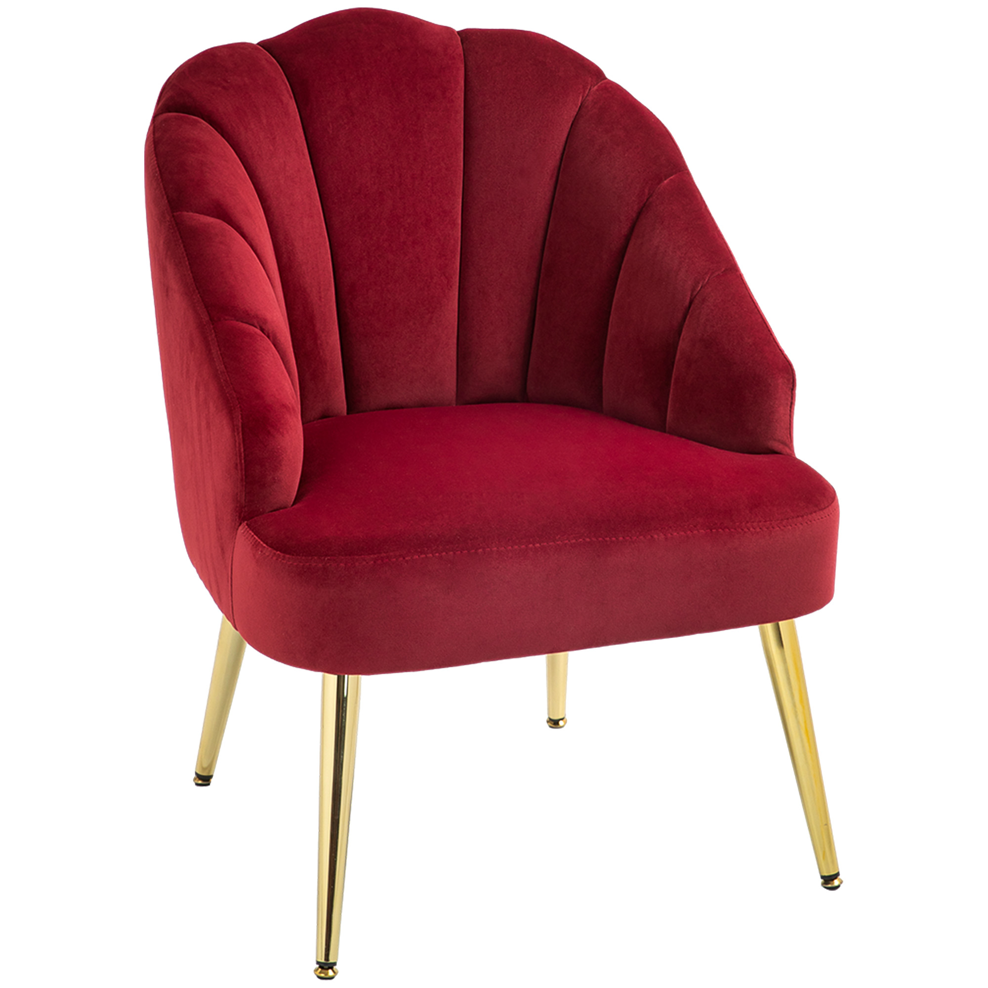 Una sedia in velluto rosso con schienale curvo e gambe dorate, isolata su sfondo bianco.