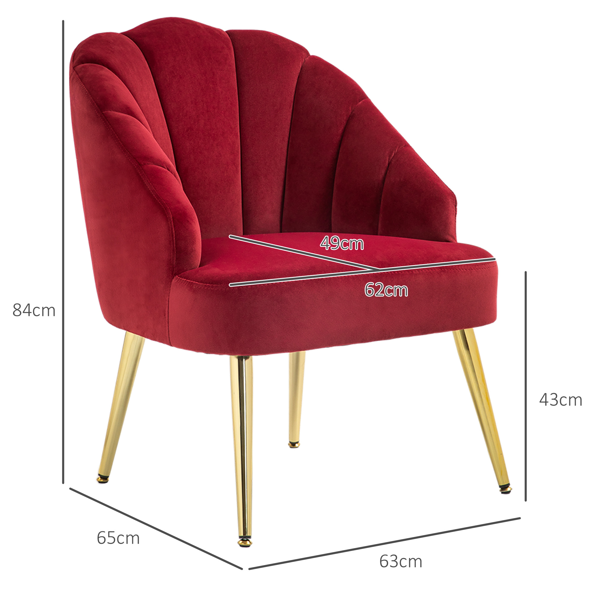 Una sedia in velluto rosso con gambe dorate. Dimensioni: 65x62x84x43cm.
