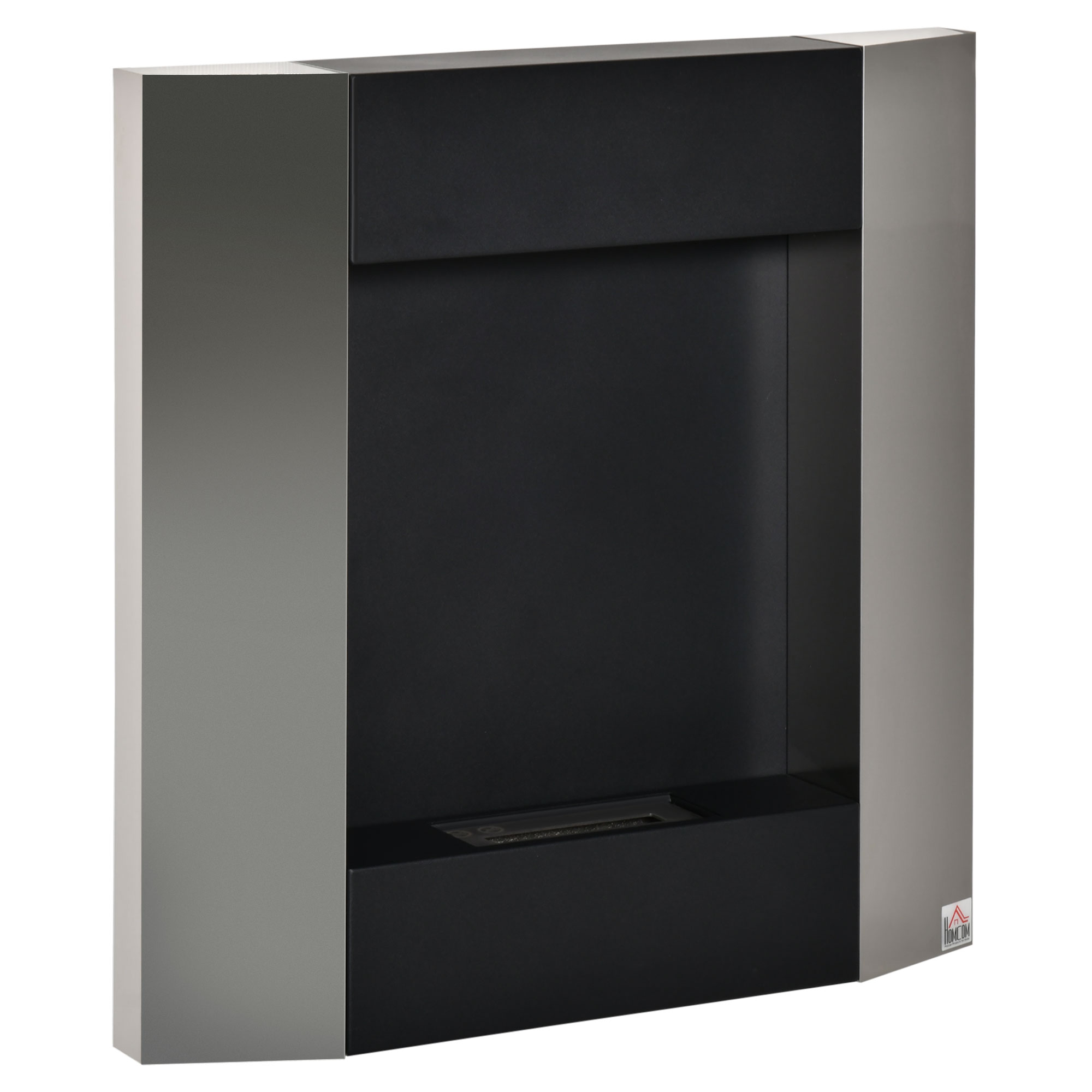 Caminetto moderno a parete con interno nero.