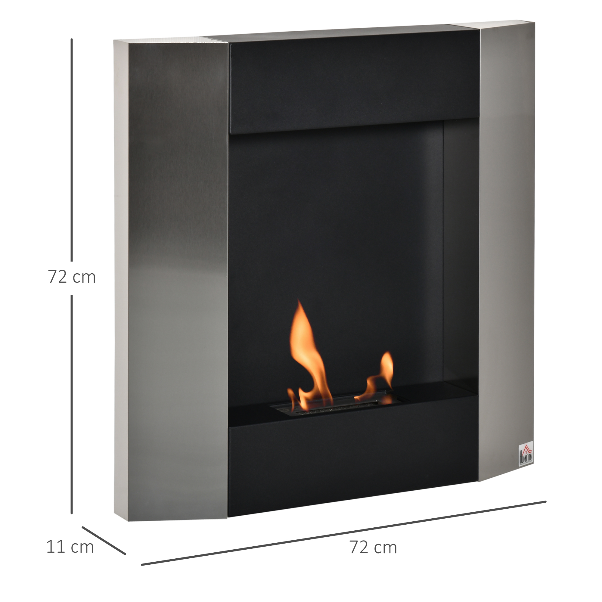 Caminetto nero e argento con fuoco. Dimensioni etichettate.