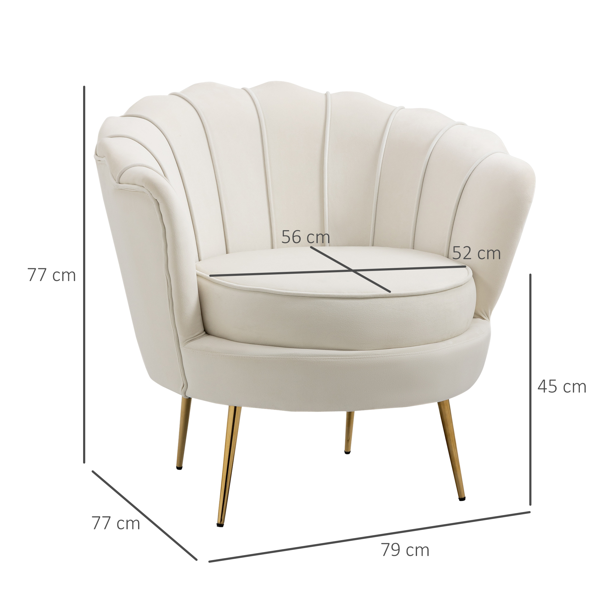 Una poltrona color crema con gambe dorate, dimensioni mostrate, isolata su sfondo bianco.
