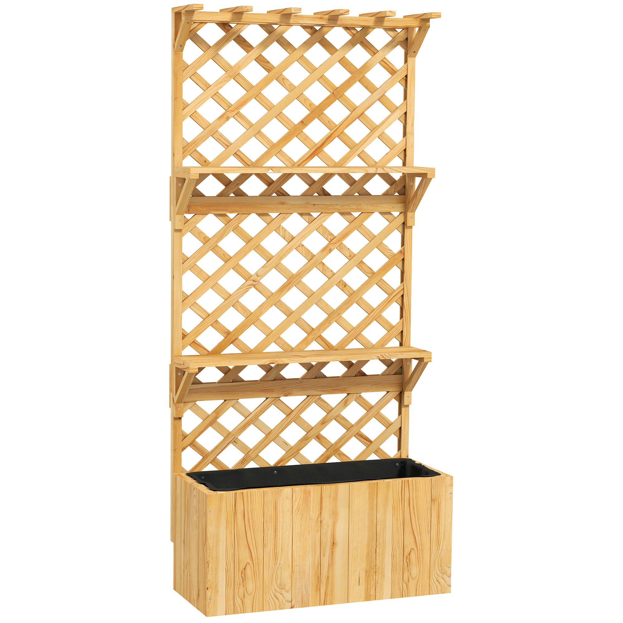Un traliccio in legno con ripiani e una fioriera. Perfetto per le piante rampicanti.