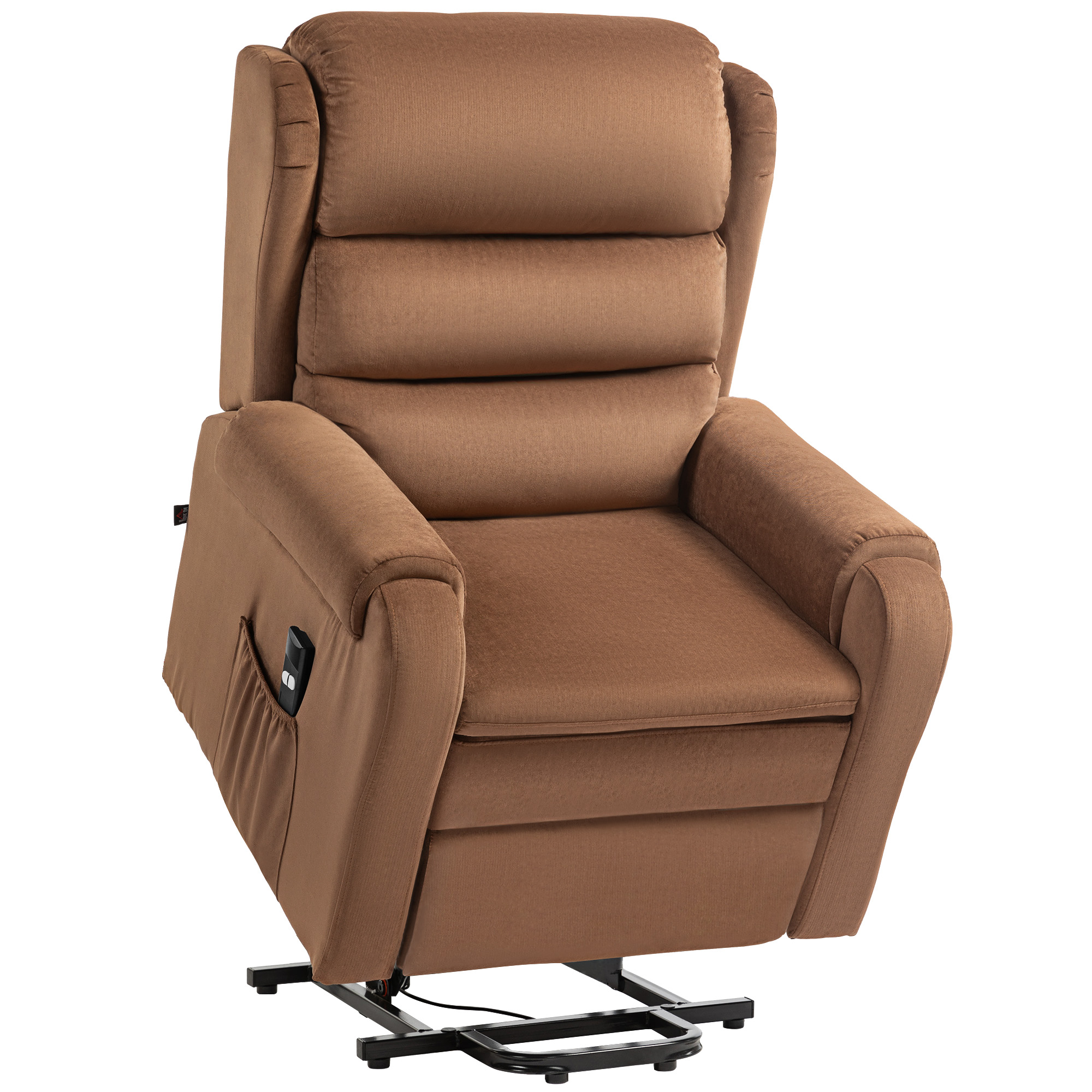 Poltrona lift marrone in posizione verticale. Include braccioli e tasca laterale.