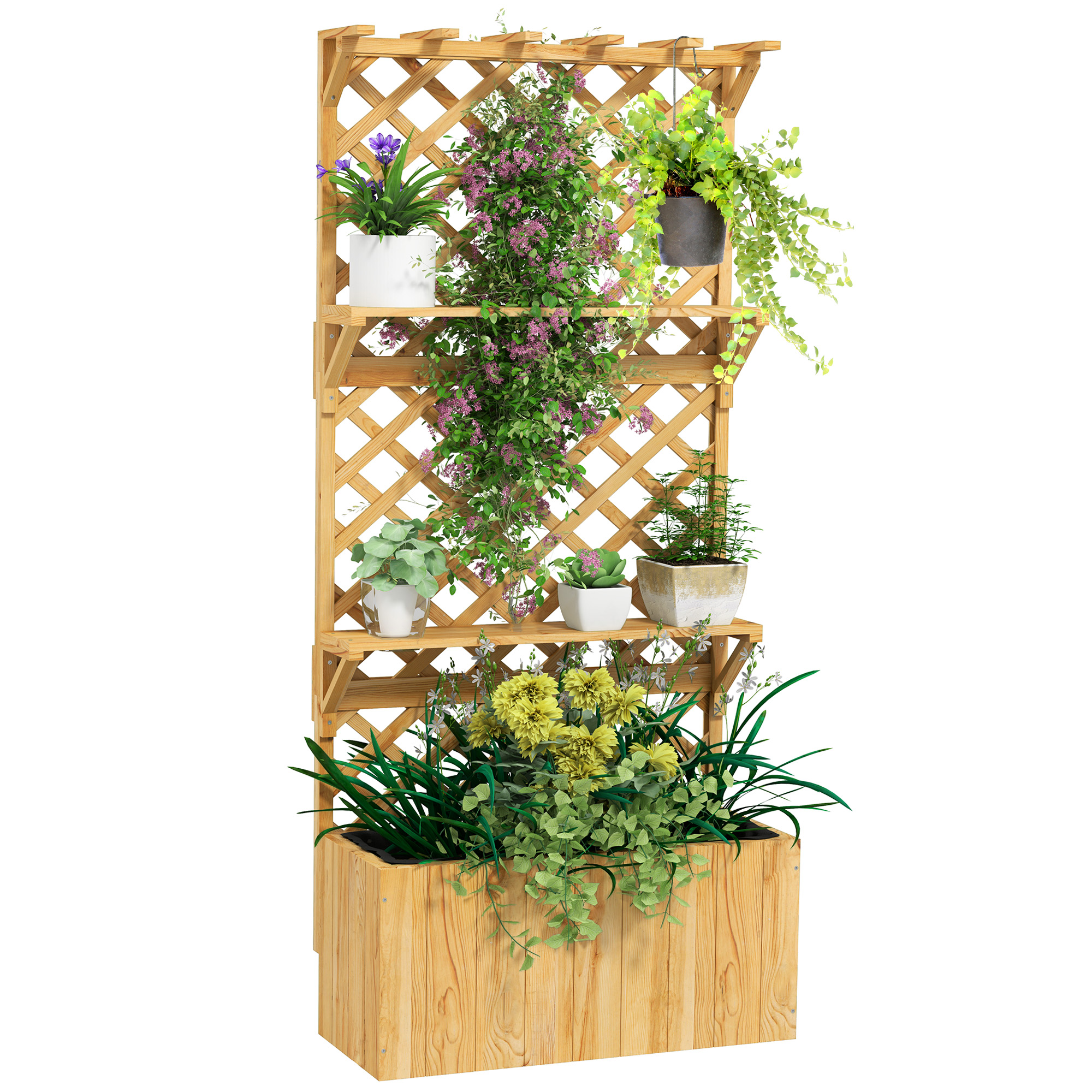 Portapiante in legno con più ripiani che contengono piante in vaso. Fiori e vegetazione nella fioriera sottostante.