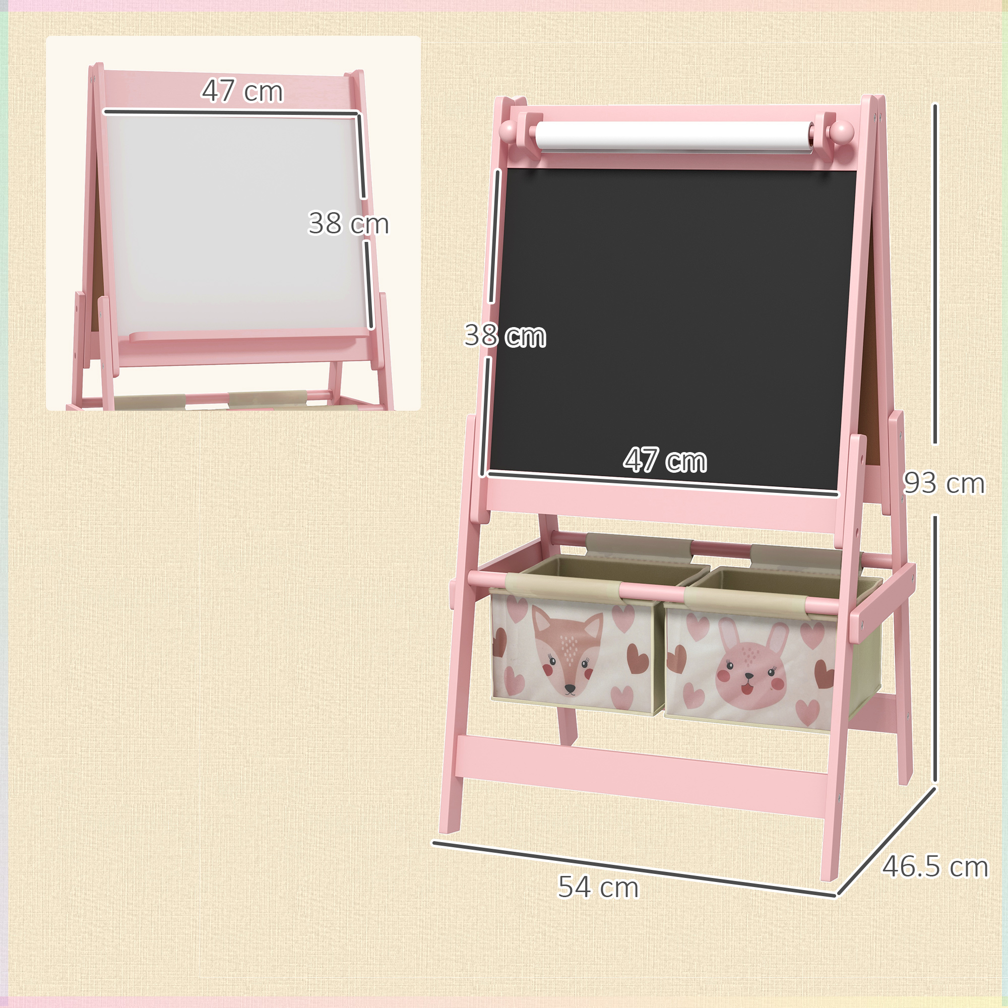 Cavalletto rosa per bambini con dimensioni. Include una lavagna bianca, una lavagna e contenitori.