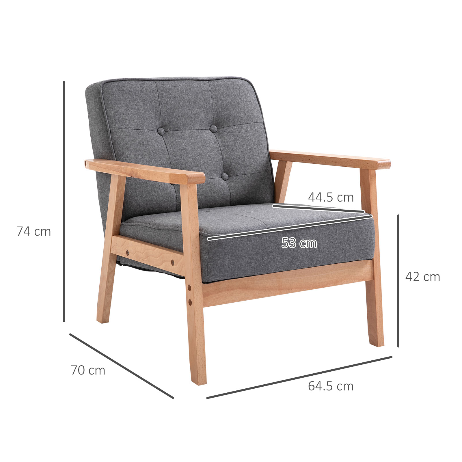 Poltrona grigia con braccioli in legno. Le dimensioni sono indicate: 74 cm altezza, 70 cm larghezza, 64,5 cm profondità.