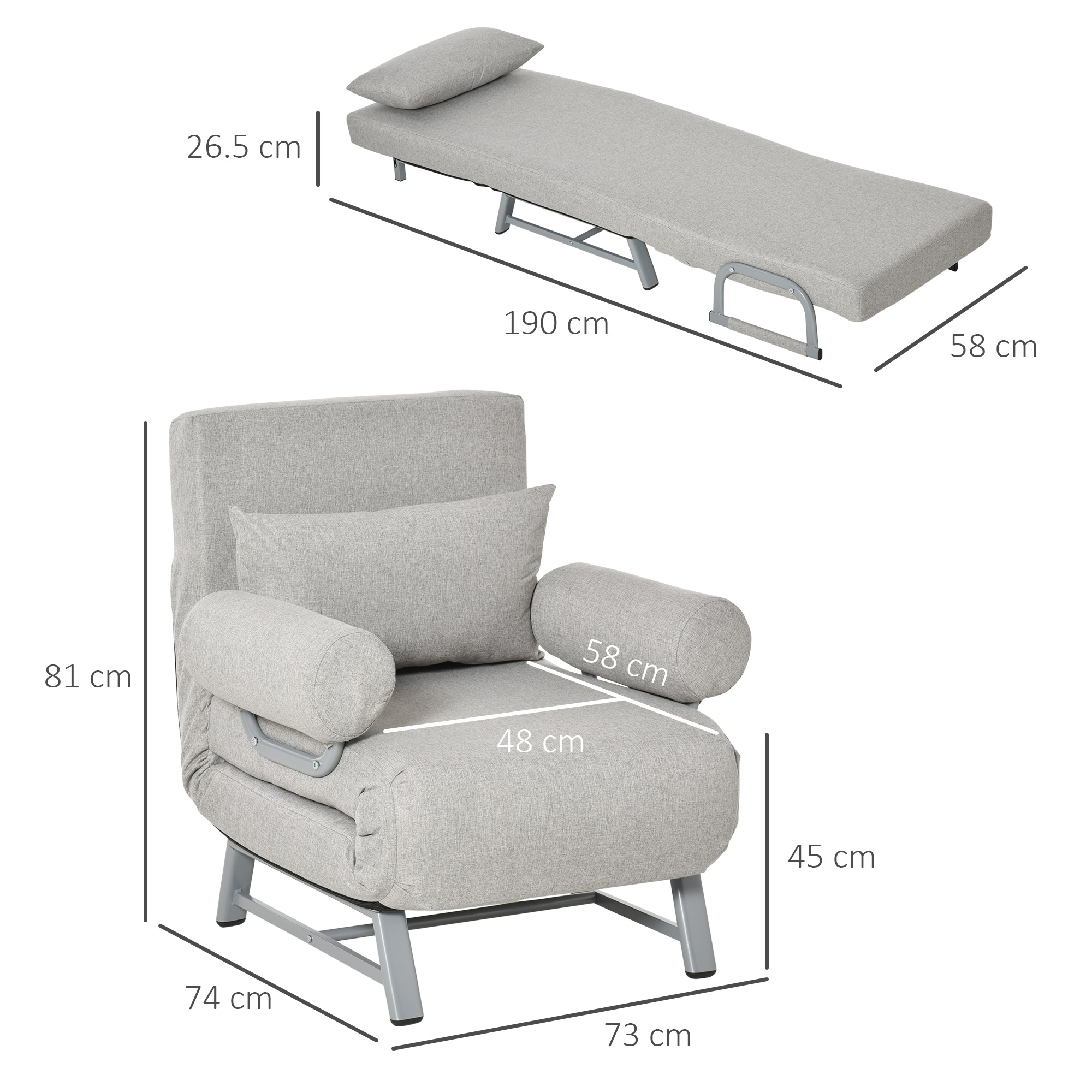 Sedia grigia trasformabile in letto, con dimensioni indicate. Include cuscino e braccioli.