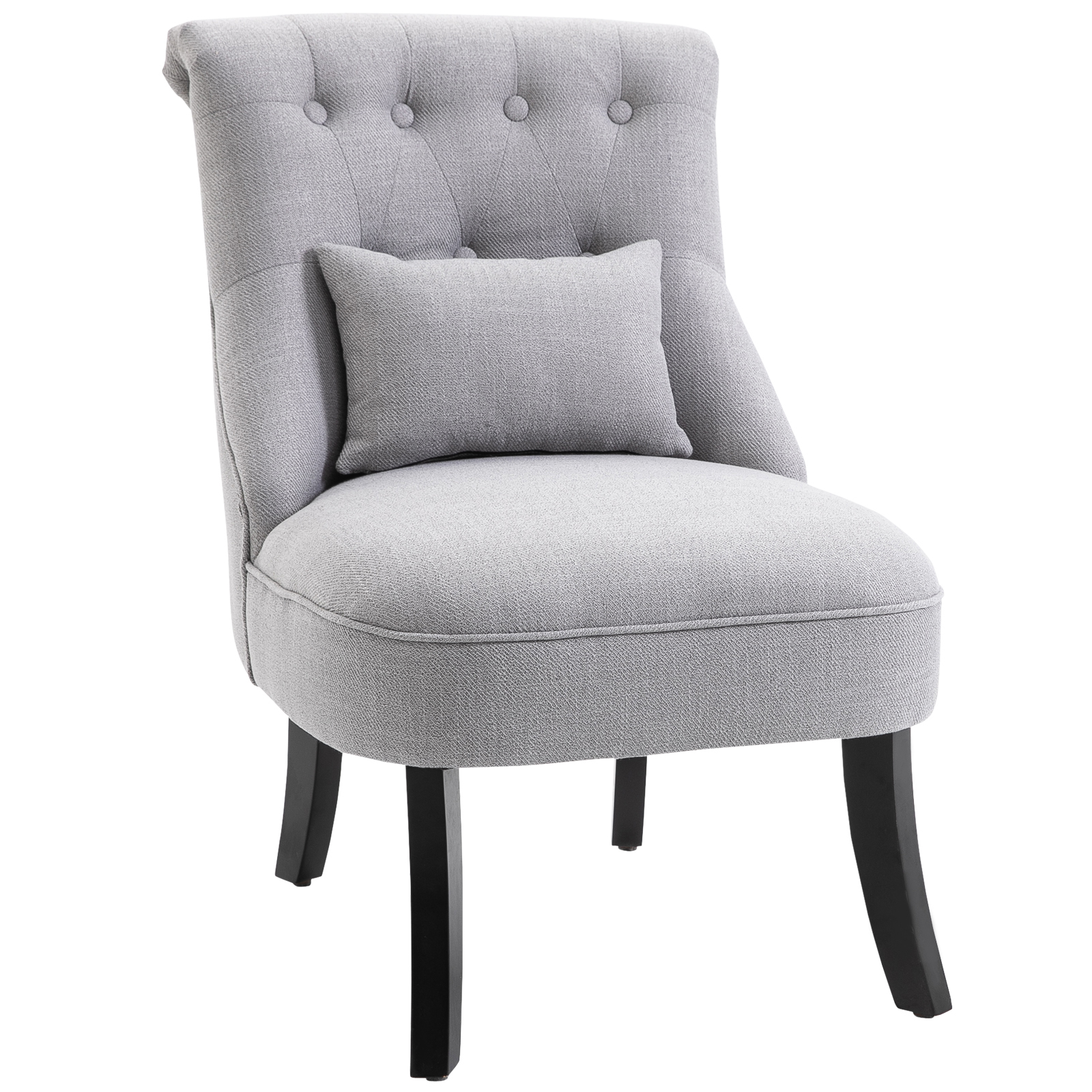 Sedia grigia con cuscino. Bottoni sullo schienale. Gambe nere.