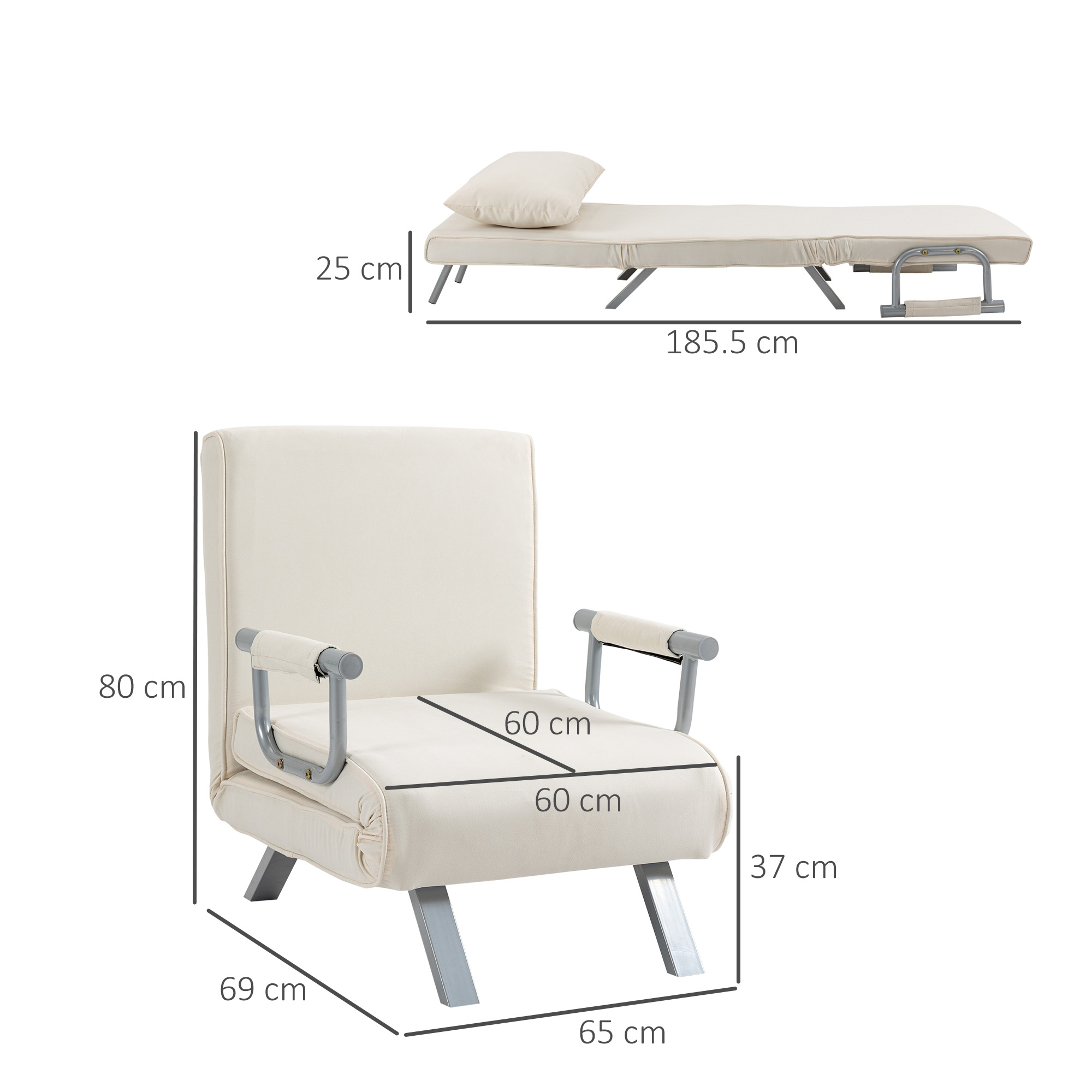 Una poltrona trasformabile color crema con dimensioni, accanto a un letto piegato.